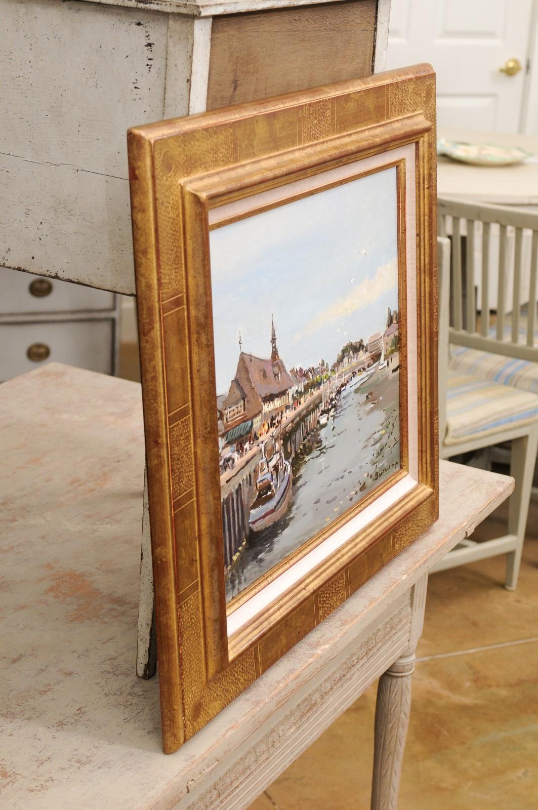 French Framed Oil Painting Depicting the Harbor of Trouville, Signed Barthélémy For Sale 5