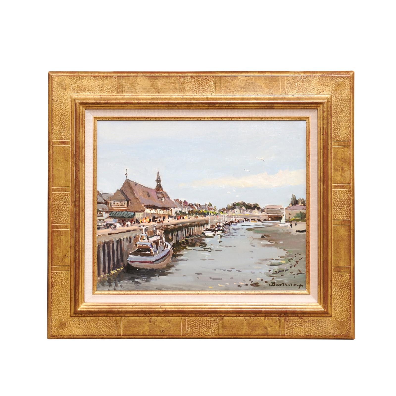 A French framed oil on canvas harbor painting from the late 20th century, titled 'Le Port de Trouville sur Mer' by Gérard Barthélémy. Created during the last decade of the 20th century, this oil on canvas painting depicts the quiet harbor of
