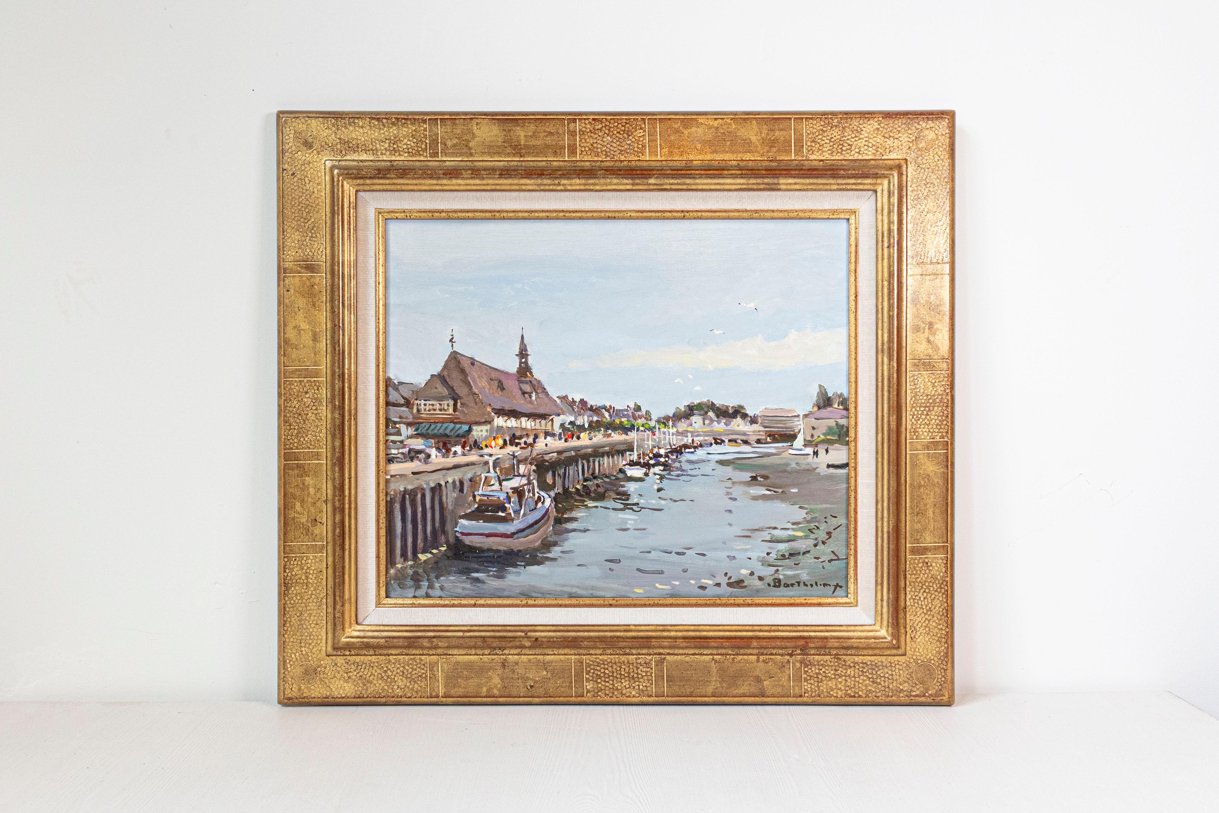 Pintura portuaria francesa al óleo sobre lienzo, enmarcada, de finales del siglo XX, titulada 