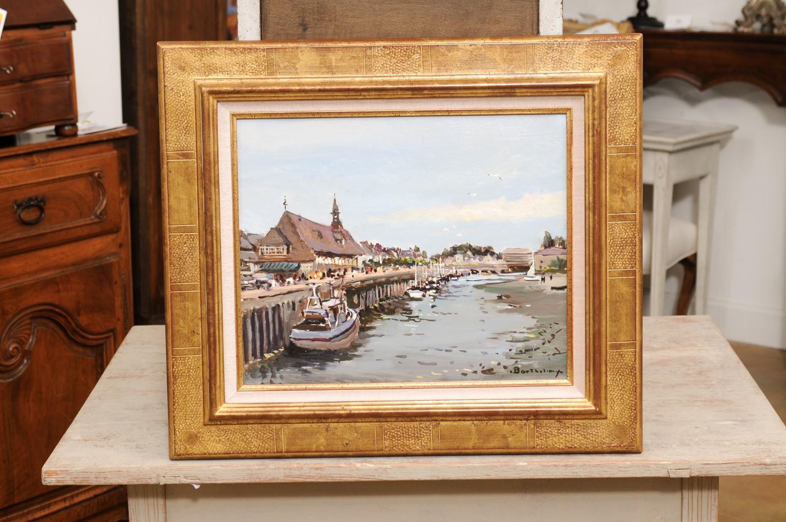 Gilt French Framed Oil Painting Depicting the Harbor of Trouville, Signed Barthélémy For Sale