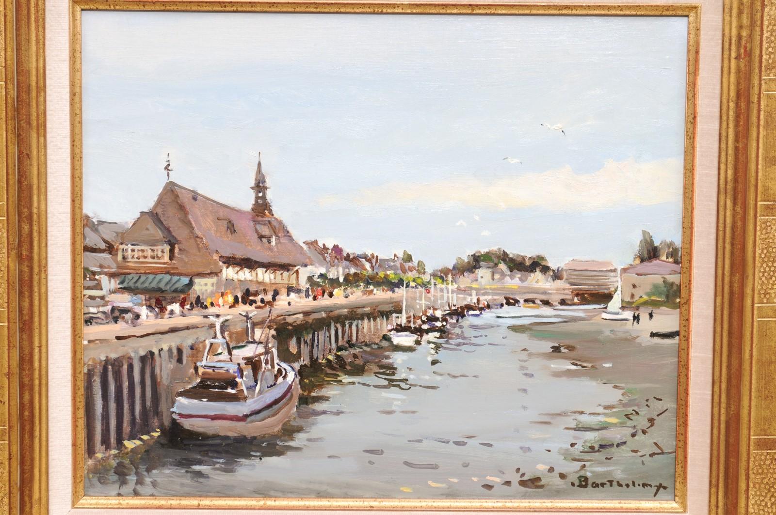 French Framed Oil Painting Depicting the Harbor of Trouville, Signed Barthélémy In Good Condition For Sale In Atlanta, GA