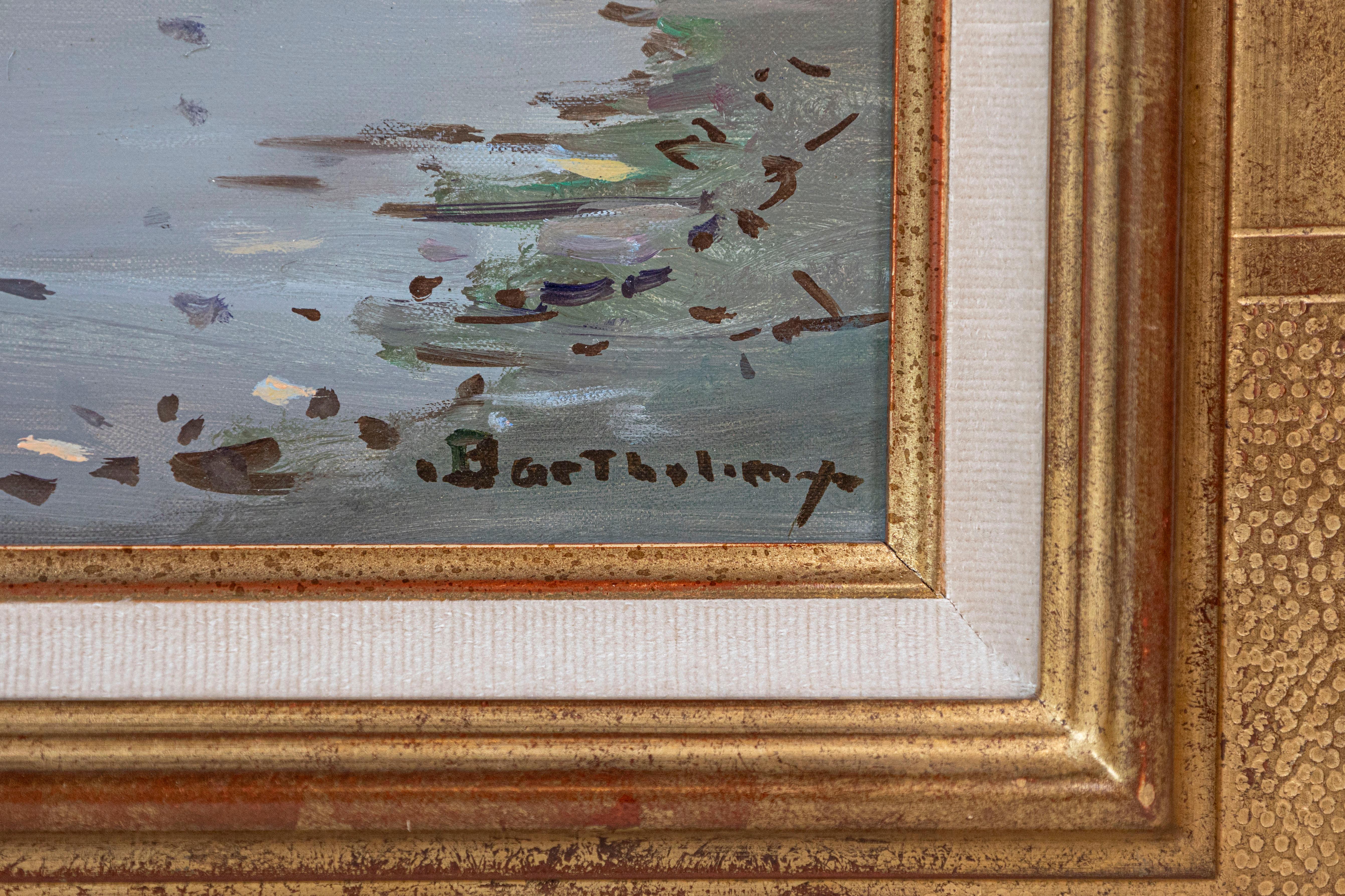 Óleo francés enmarcado que representa el puerto de Trouville, firmado Barthélémy Dorado en venta