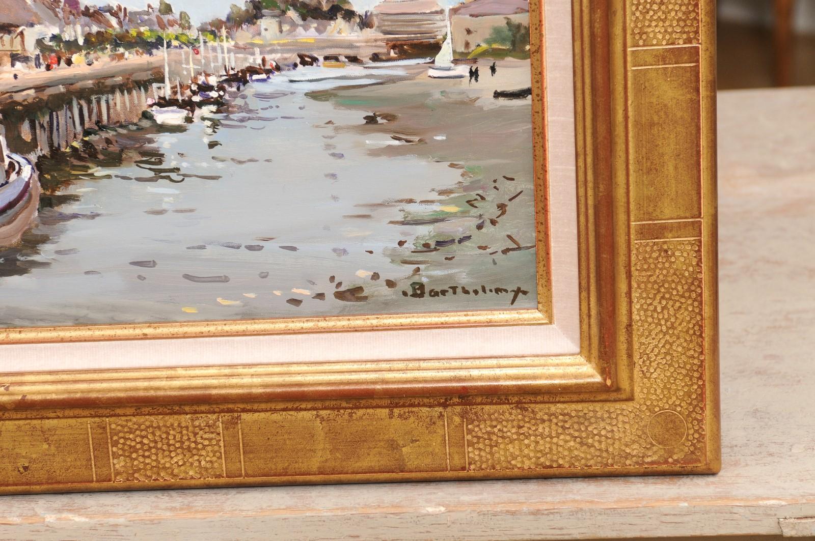 Canvas French Framed Oil Painting Depicting the Harbor of Trouville, Signed Barthélémy For Sale