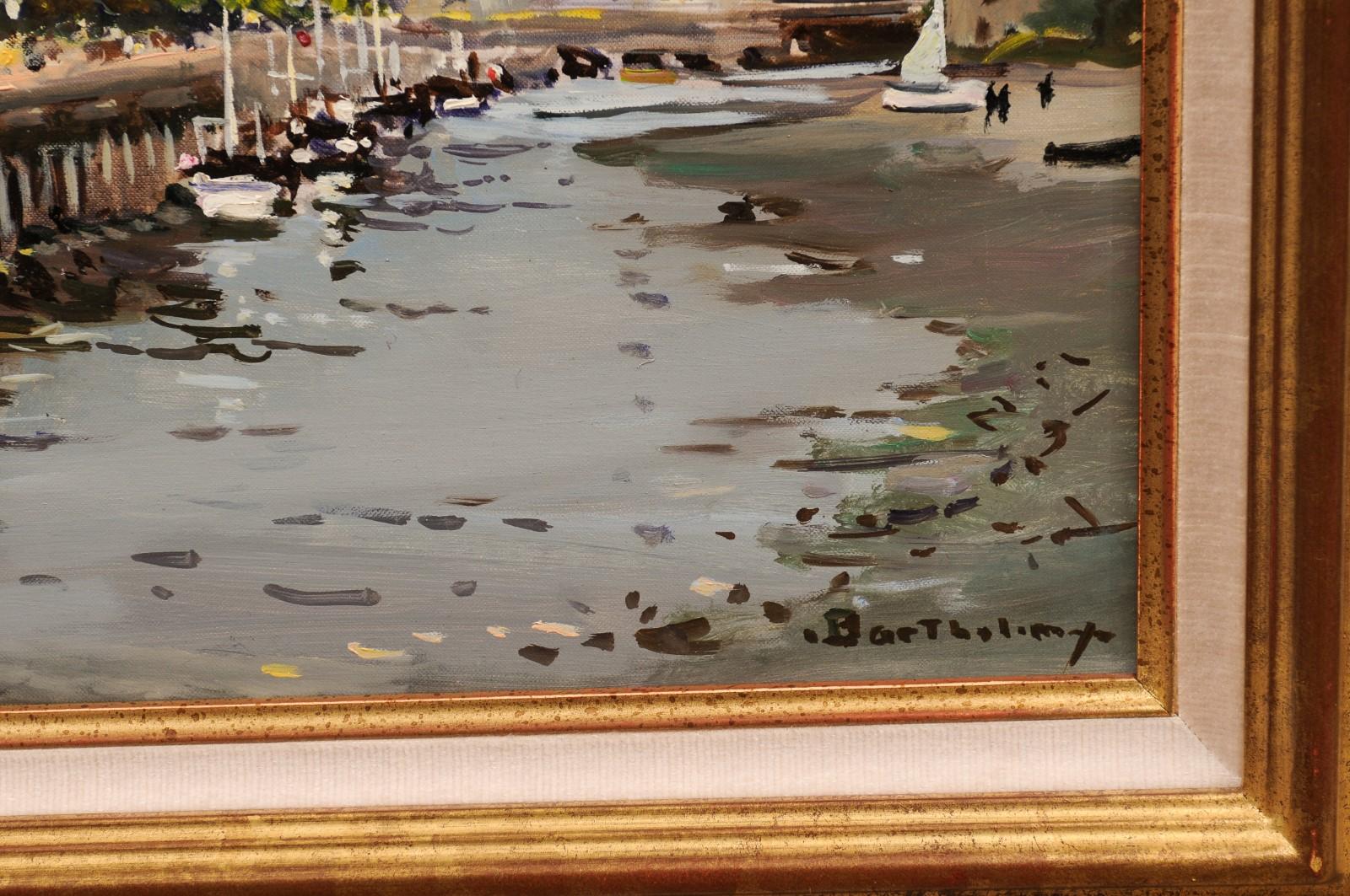 French Framed Oil Painting Depicting the Harbor of Trouville, Signed Barthélémy For Sale 3