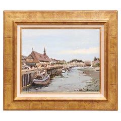 French Framed Oil Painting Depicting the Harbor of Trouville, Signed Barthélémy