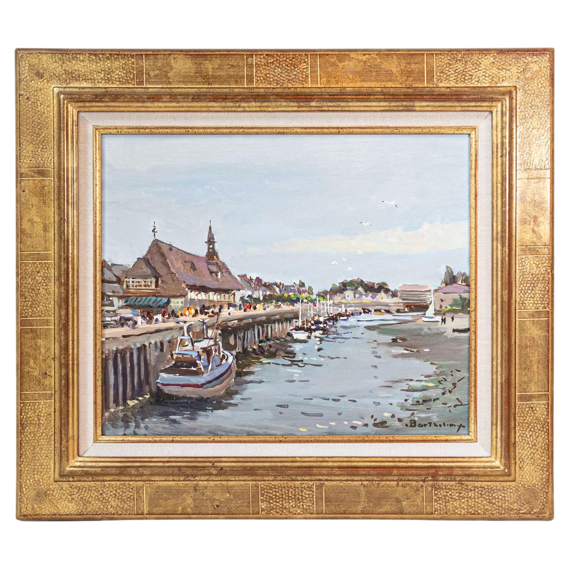 Quadro ad olio francese incorniciato raffigurante il porto di Trouville, firmato Barthélémy