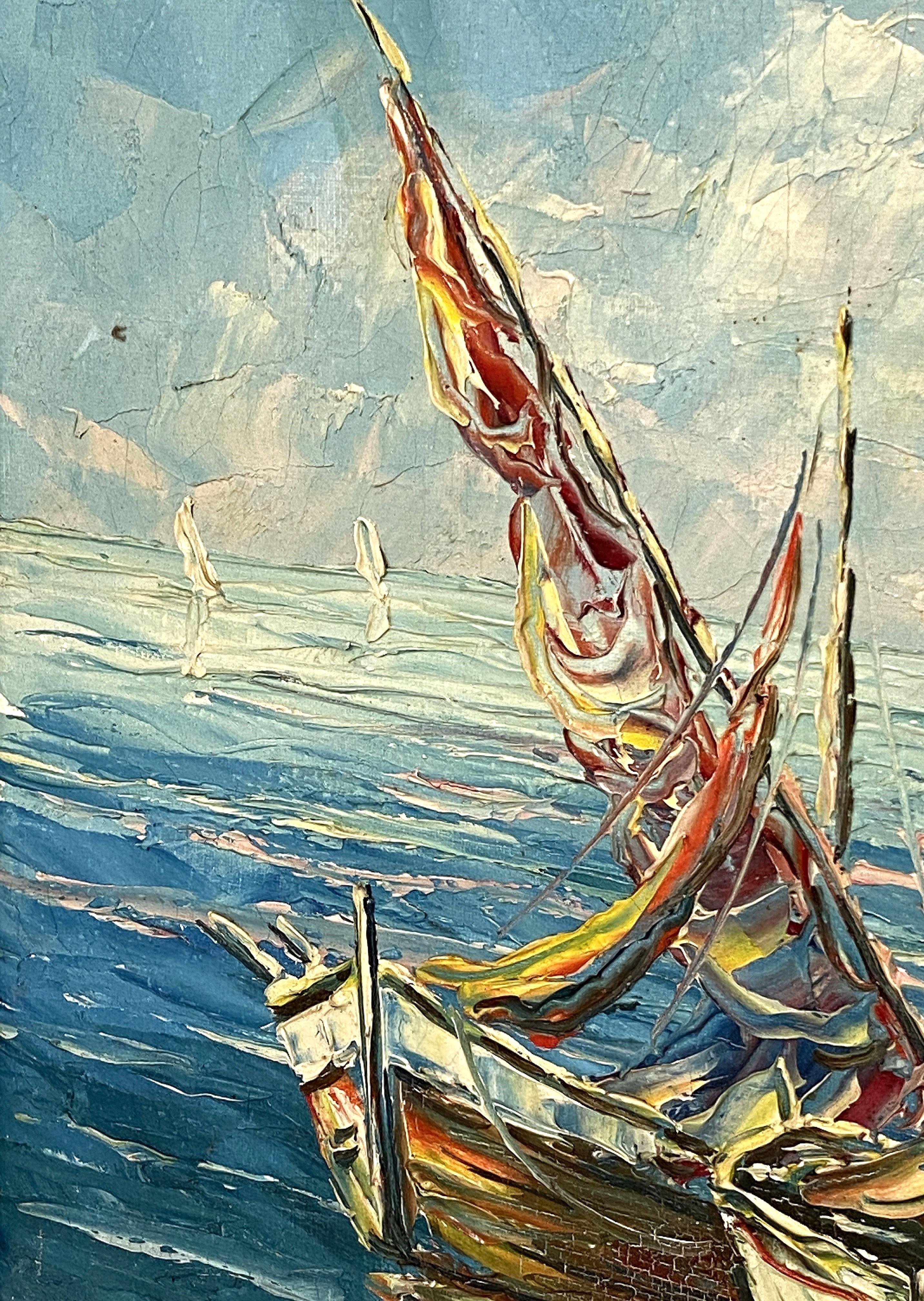 Quadro ad olio francese con cornice che raffigura una scena di porto mediterraneo in vendita 5