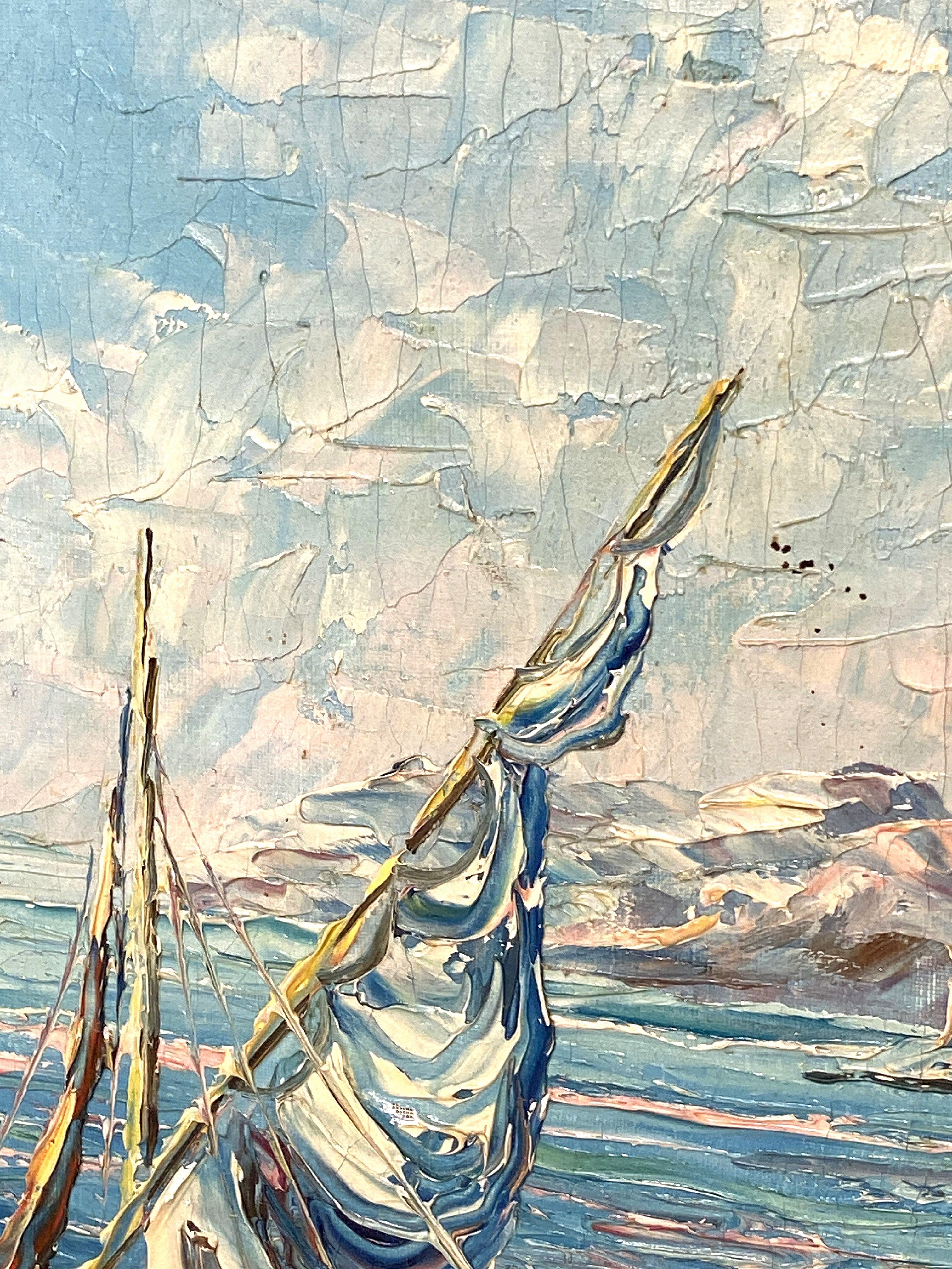 Quadro ad olio francese con cornice che raffigura una scena di porto mediterraneo in vendita 6