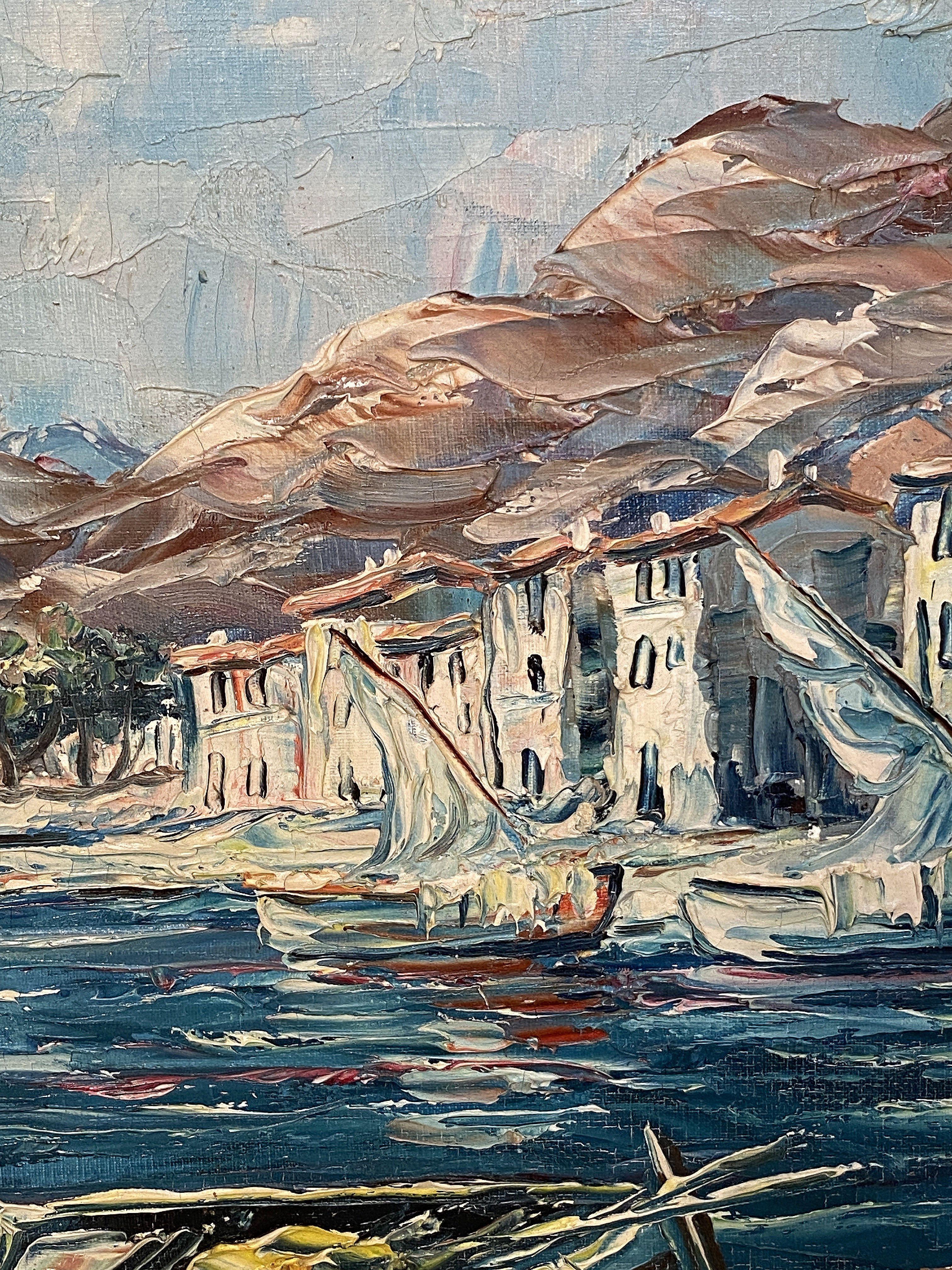 Quadro ad olio francese con cornice che raffigura una scena di porto mediterraneo in vendita 7