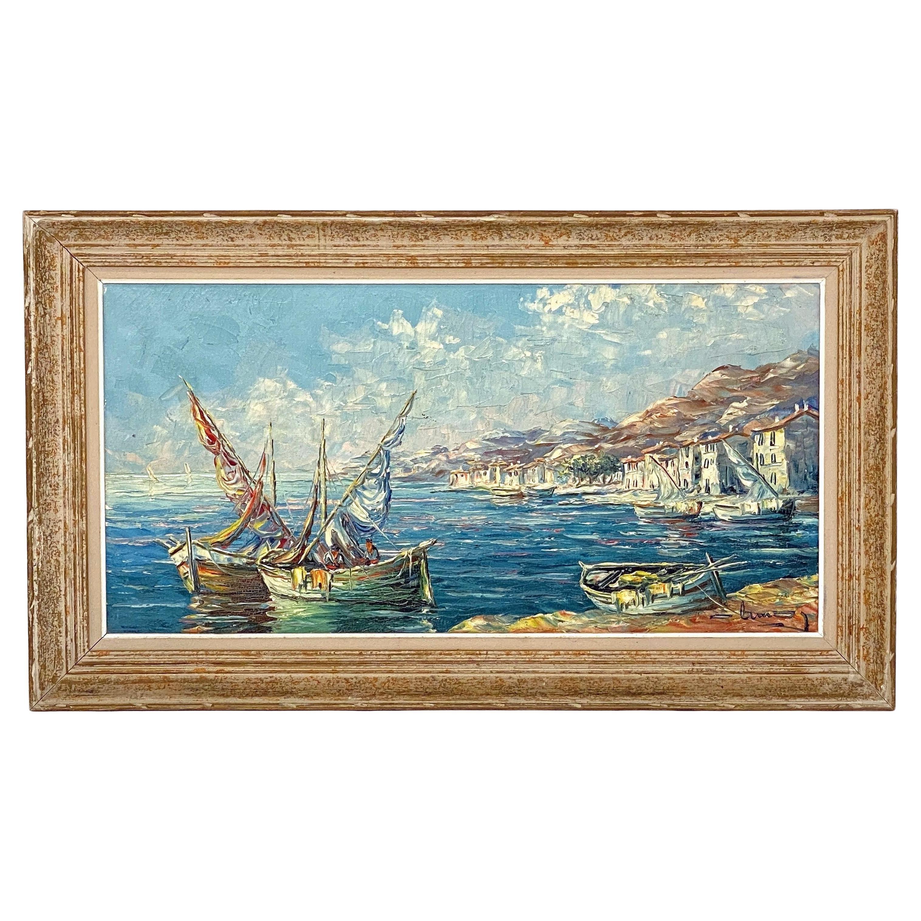 Quadro ad olio francese con cornice che raffigura una scena di porto mediterraneo in vendita 8