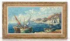 Quadro ad olio francese con cornice che raffigura una scena di porto mediterraneo