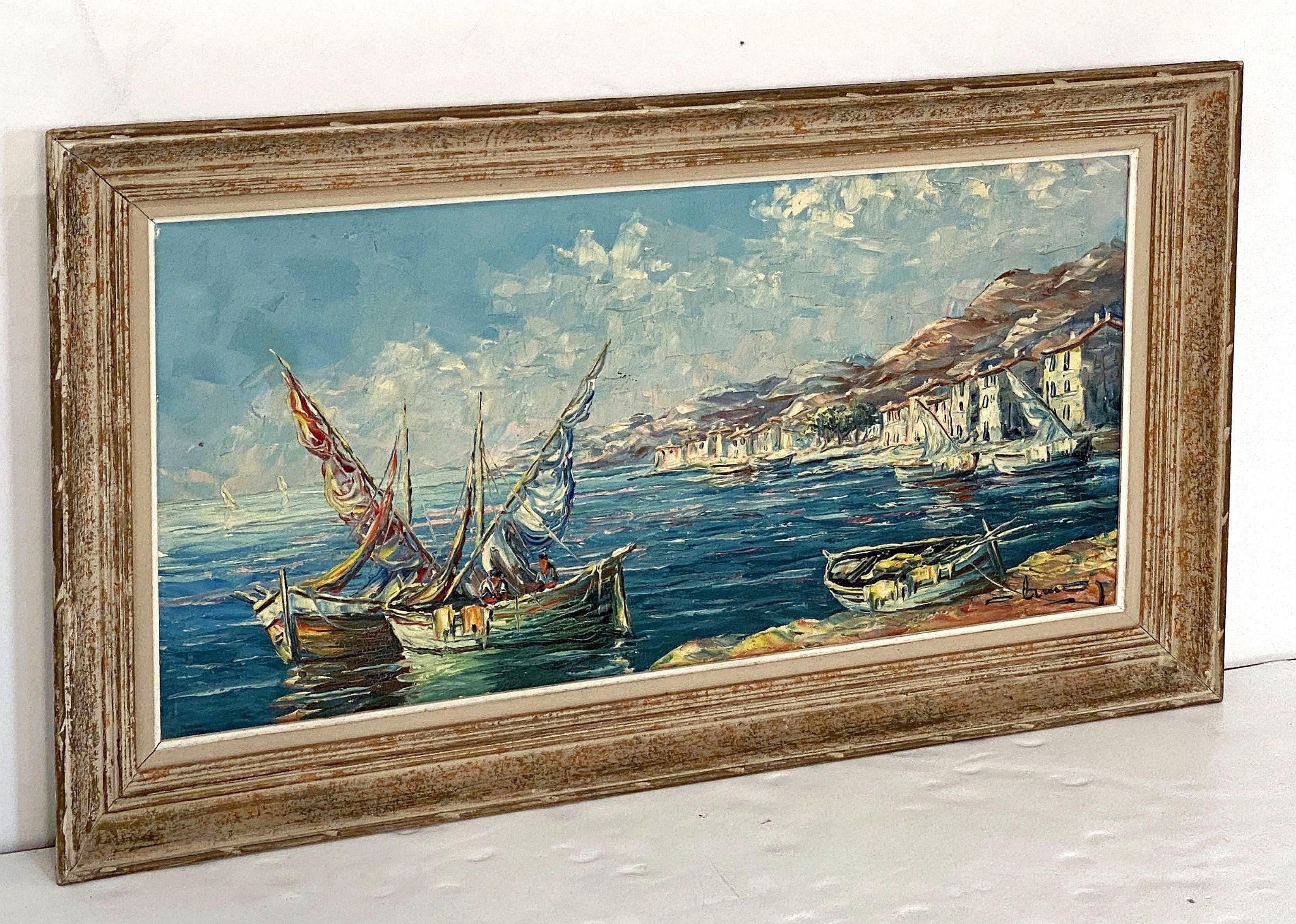 Francese Quadro ad olio francese con cornice che raffigura una scena di porto mediterraneo in vendita