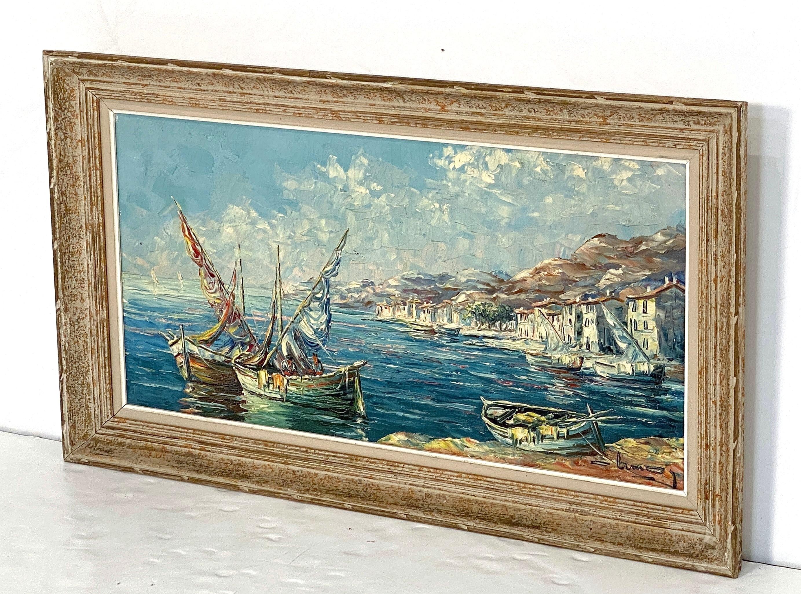 Quadro ad olio francese con cornice che raffigura una scena di porto mediterraneo In condizioni buone in vendita a Austin, TX