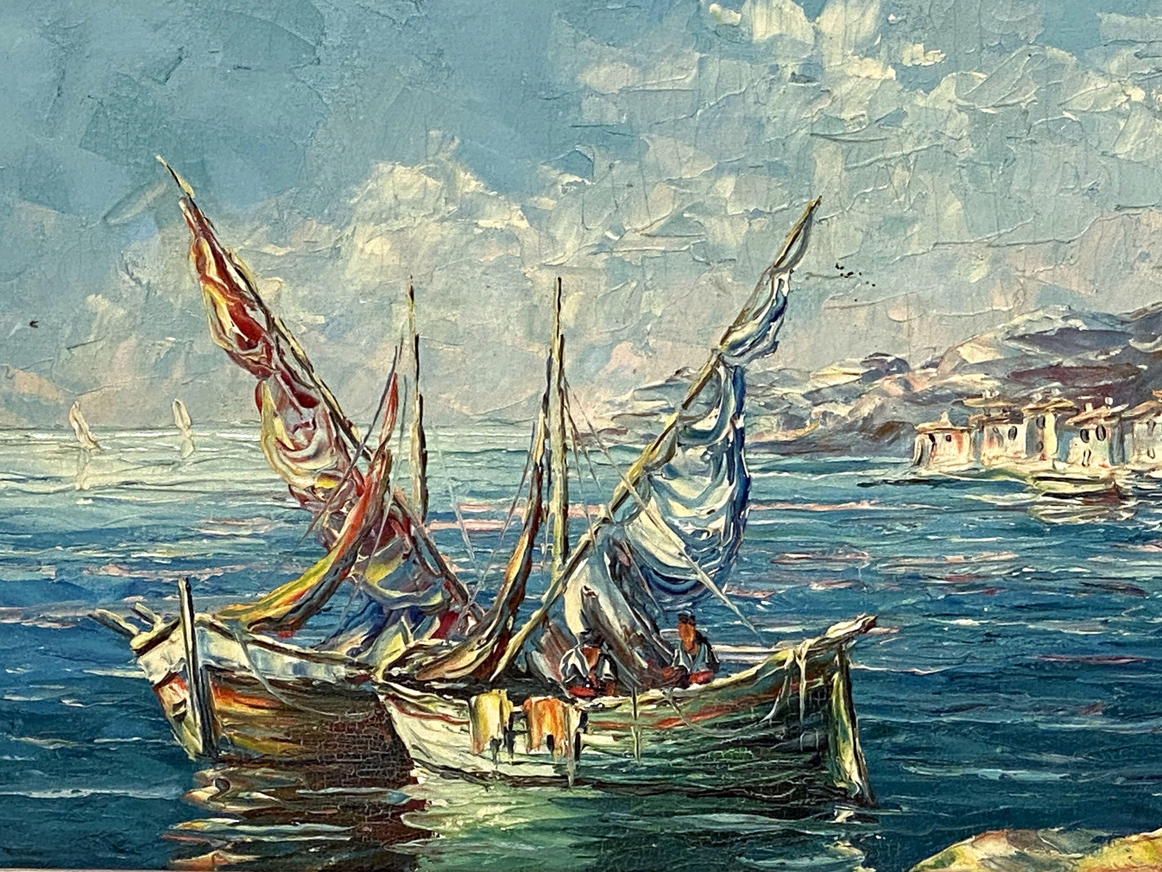 XX secolo Quadro ad olio francese con cornice che raffigura una scena di porto mediterraneo in vendita