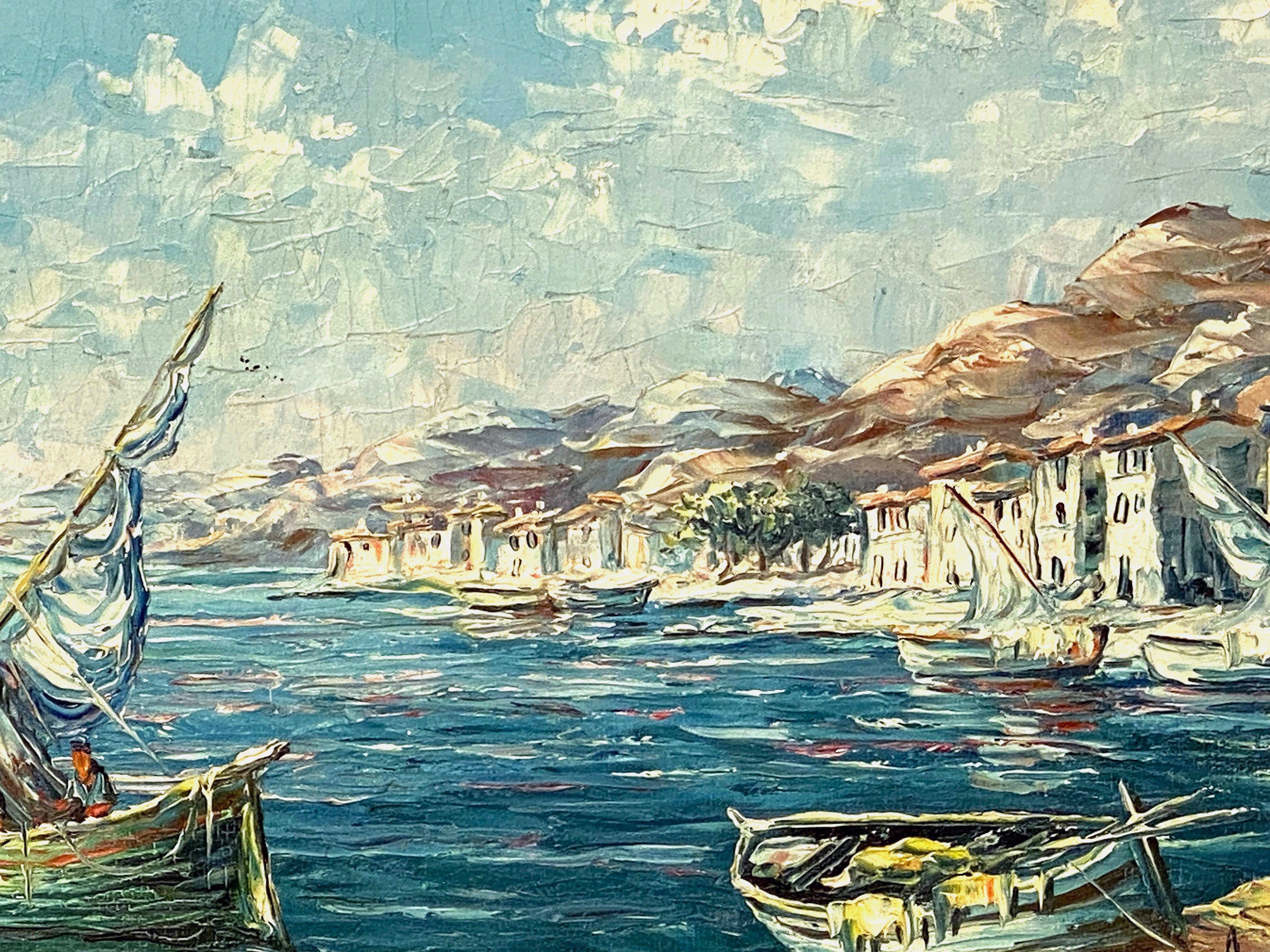 Tela Quadro ad olio francese con cornice che raffigura una scena di porto mediterraneo in vendita