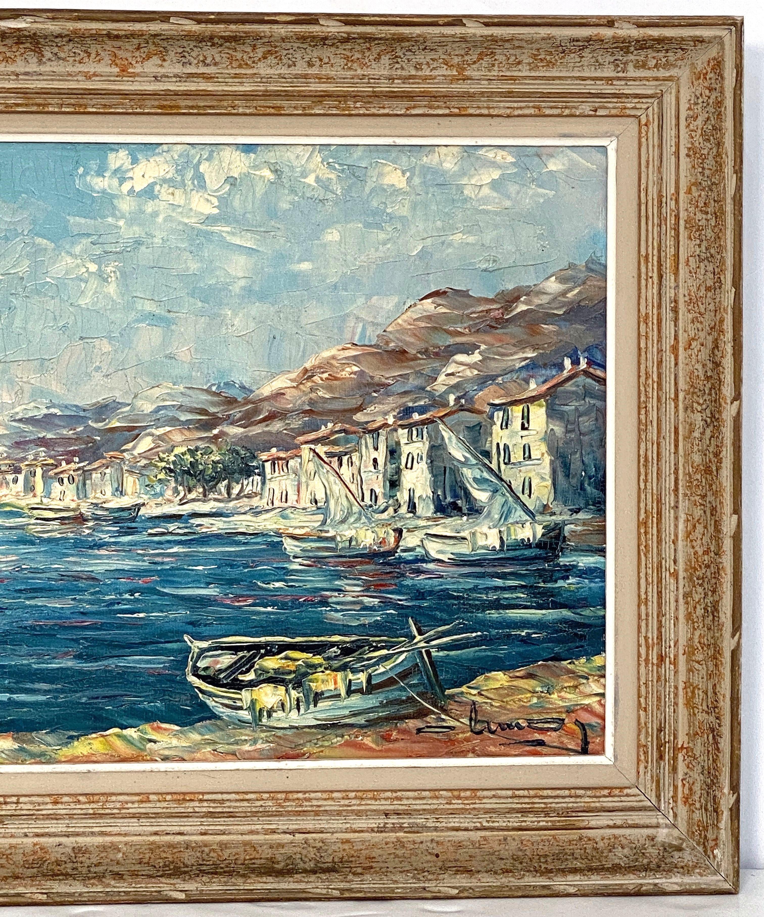 Peinture à l'huile française représentant une scène de port méditerranéenne en vente 3
