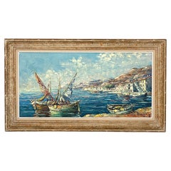 Peinture à l'huile française représentant une scène de port méditerranéenne