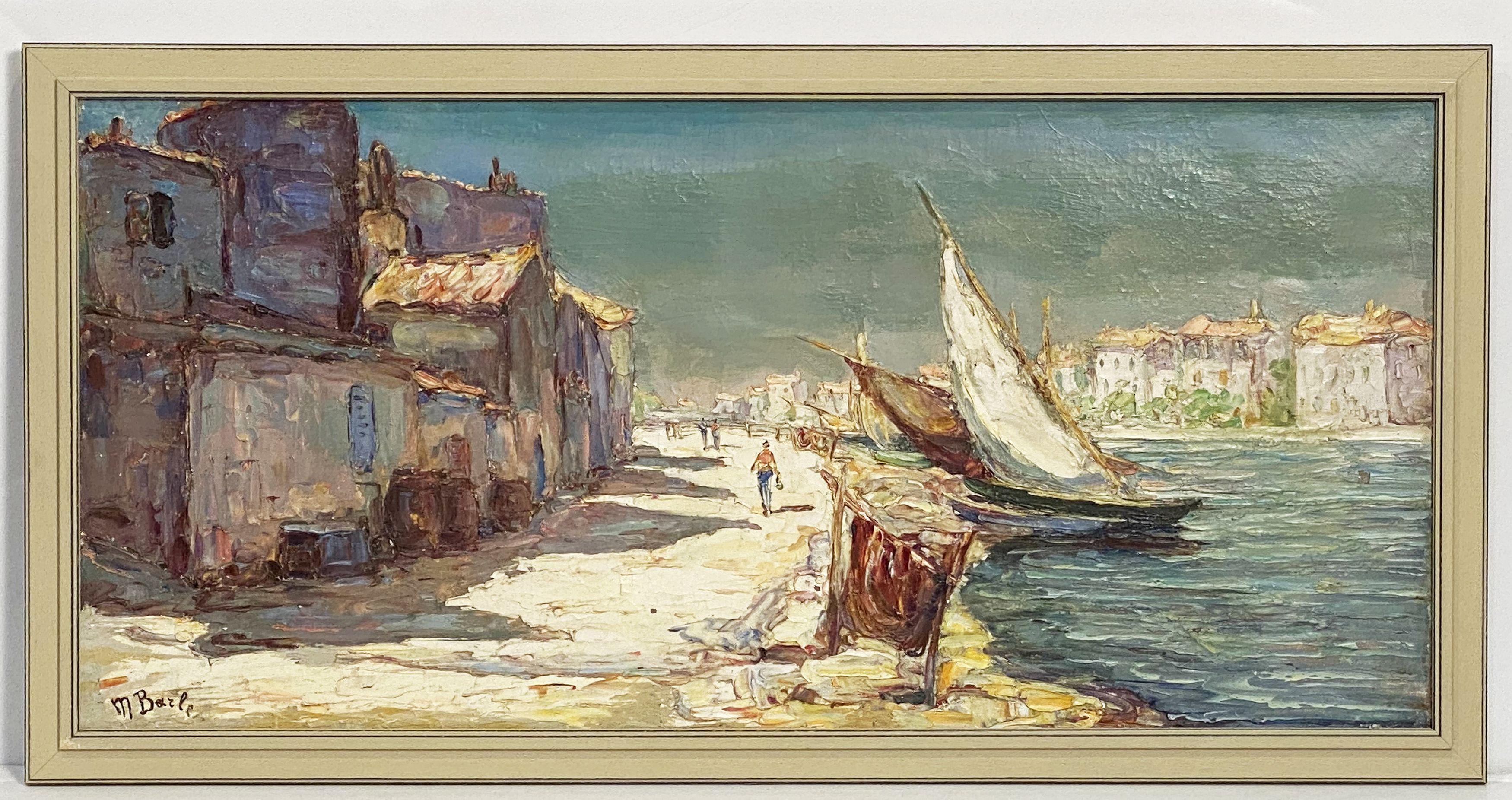 A fine French oil painting on canvas of a harbor scene, featuring a view of a sailboat and a picturesque town, signed M. Barle in bottom left facing corner, mounted in a rectangular painted wooden frame.

Maurice Barle (1903-1961) was a celebrated