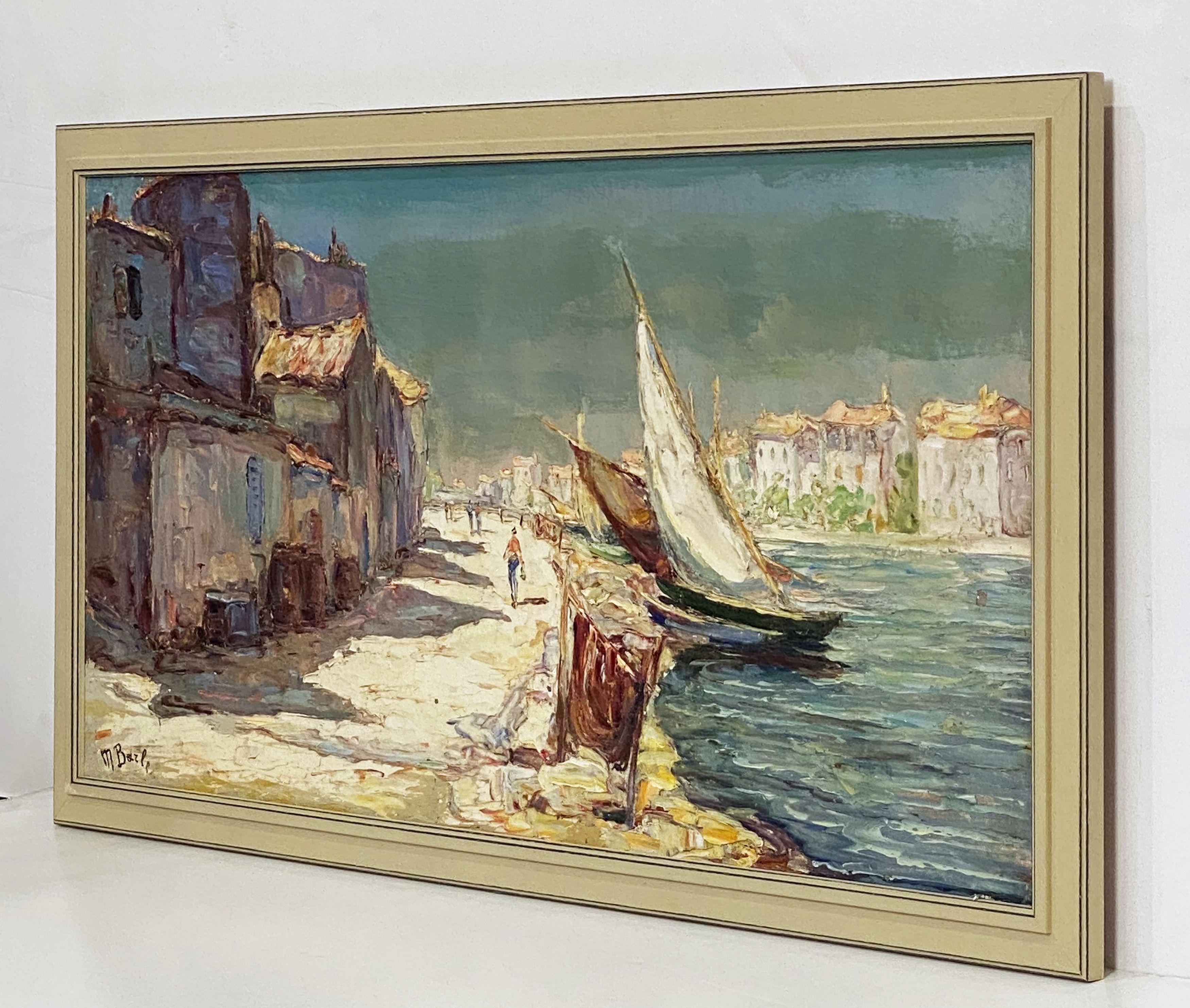 Painted French Framed Oil Painting of Seaside Village by Maurice Barle For Sale