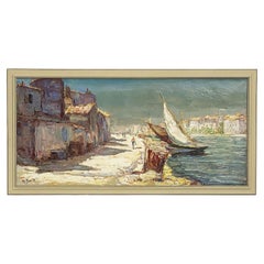 Antique French Framed Oil Painting of Seaside Village by Maurice Barle