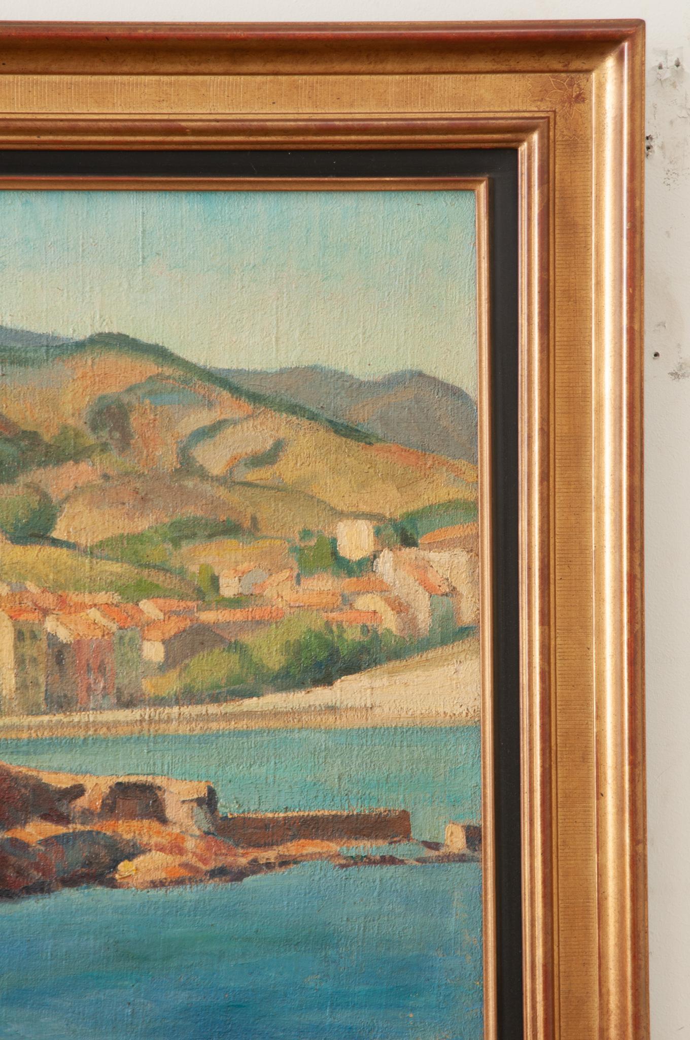 French Framed Painting of a Coastal City In Good Condition In Baton Rouge, LA