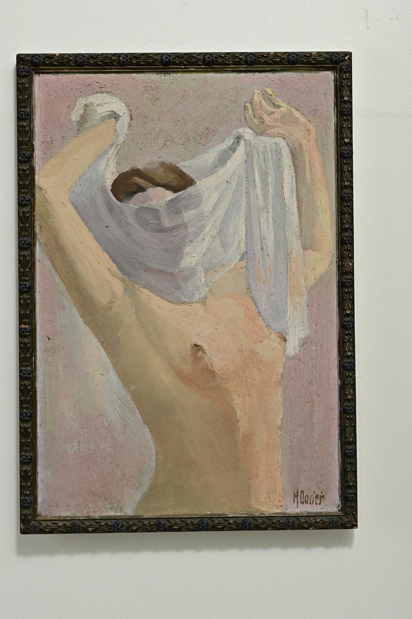 A lovely painting depicting a nude female figure, with arms upright, caressing a sheet about her face. The work is done with thick, pastel colored paints and invokes a sense of serenity and calm. The figure appears totally relaxed and uninhibited.