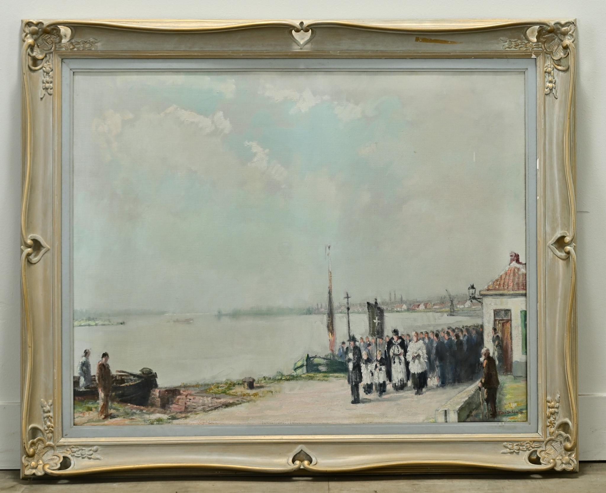 An impressive and large framed painting, Procession to Pray for Fisherman Good Luck signed by the artist, Deller. The painting depicts a soft cloudy sky as the fisherman receive prayer before their voyage. Surrounded by a carved and painted frame