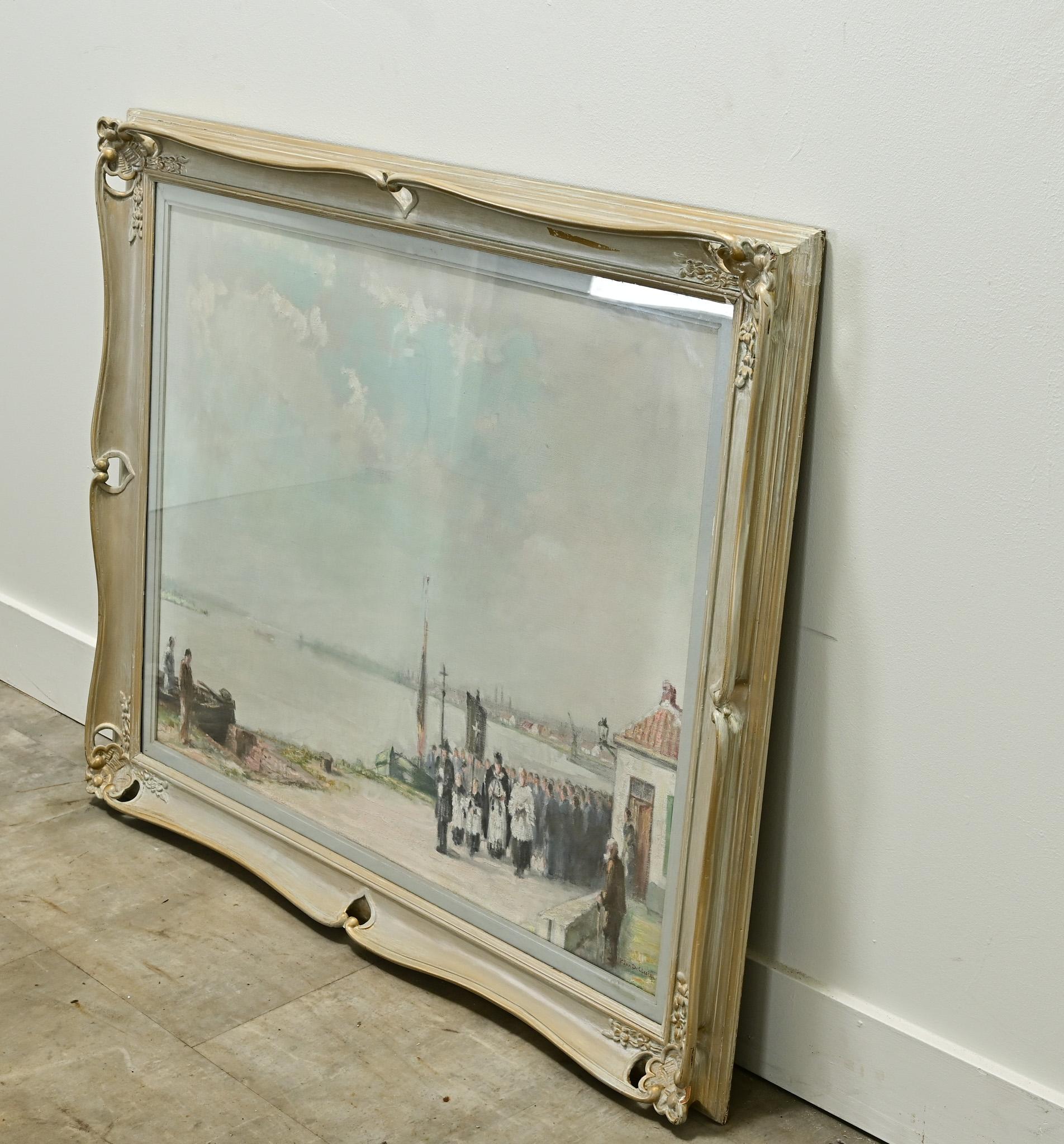 French Framed Painting, Prayer Procession for Fisherman In Good Condition In Baton Rouge, LA