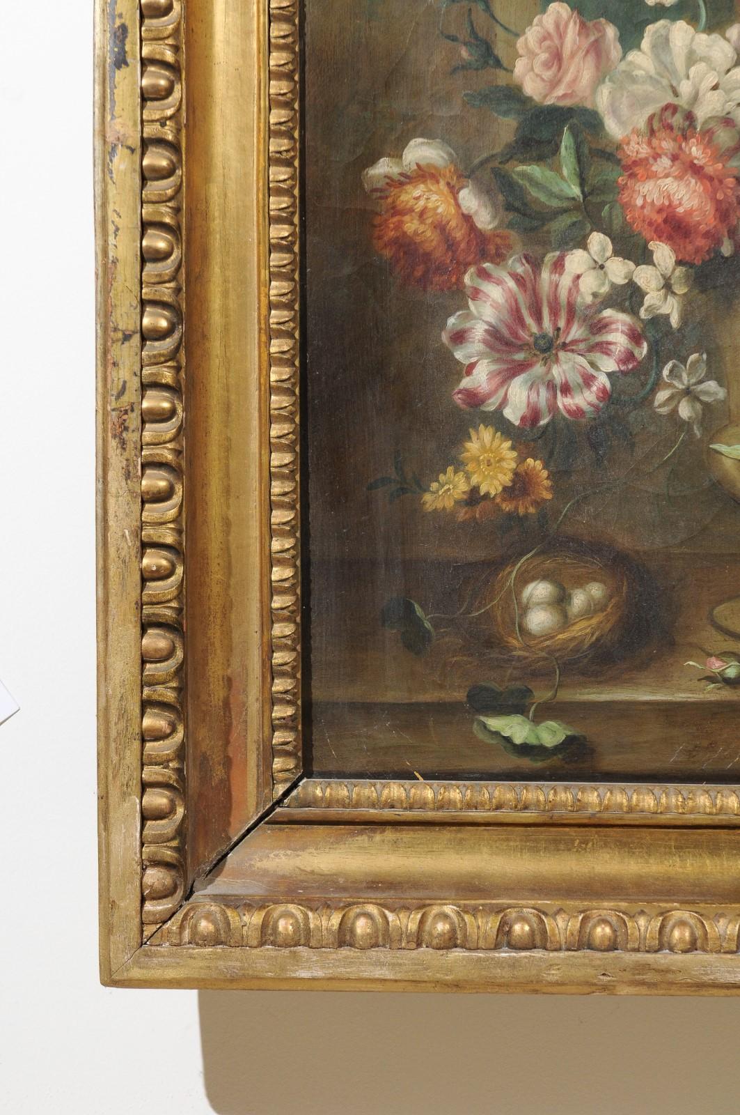 Canvas French Framed Still-Life Oil Painting Depicting a Bouquet of Flowers, circa 1850