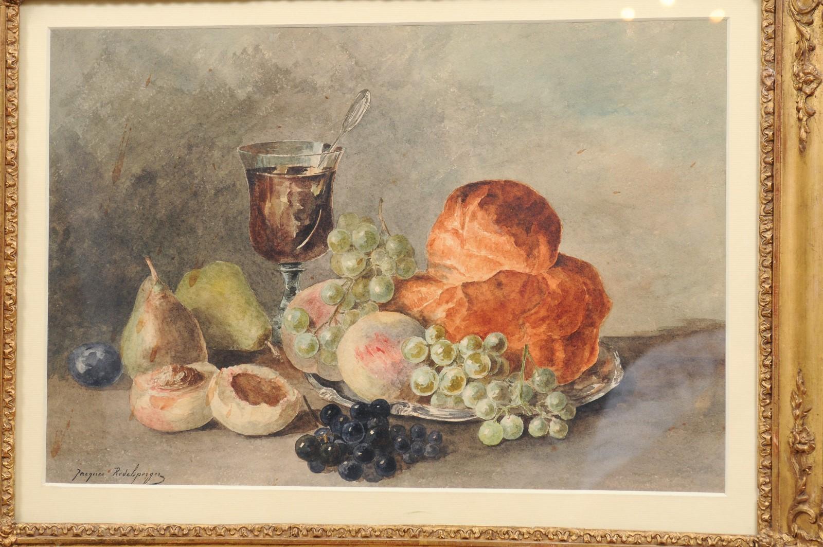 French Framed Still-Life Watercolor Signed Jacques Redelsperger, circa 1887 For Sale 5