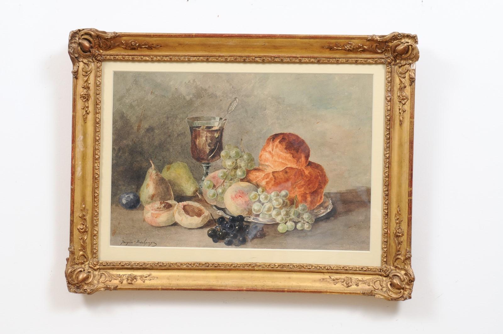 19th Century French Framed Still-Life Watercolor Signed Jacques Redelsperger, circa 1887 For Sale