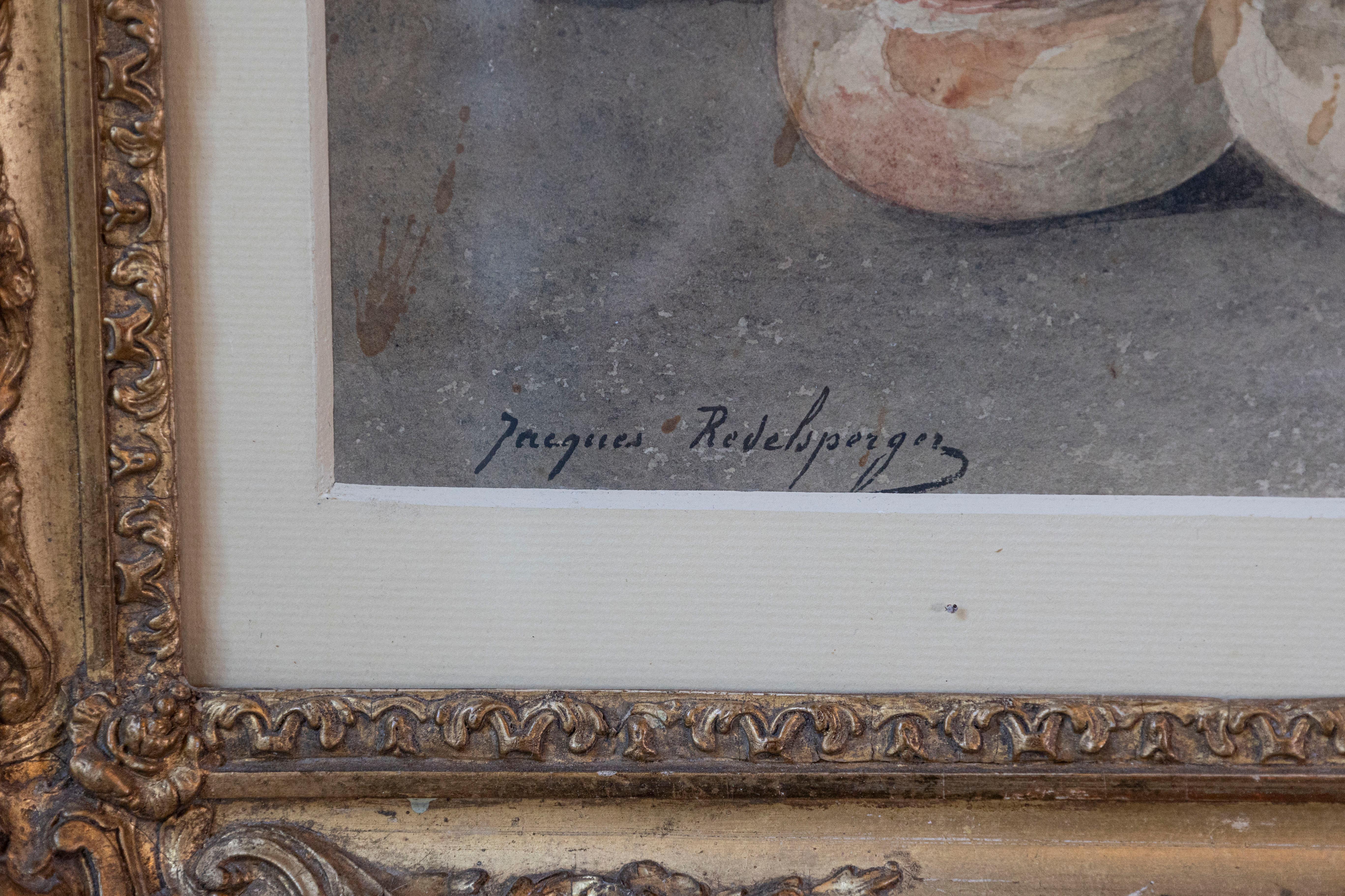 Acquerello francese di natura morta incorniciato firmato Jacques Redelsperger, 1887 circa In condizioni buone in vendita a Atlanta, GA