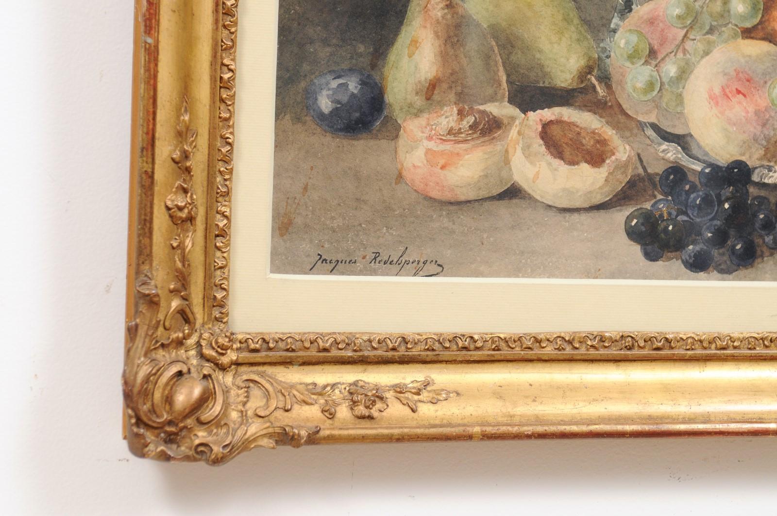 French Framed Still-Life Watercolor Signed Jacques Redelsperger, circa 1887 For Sale 2