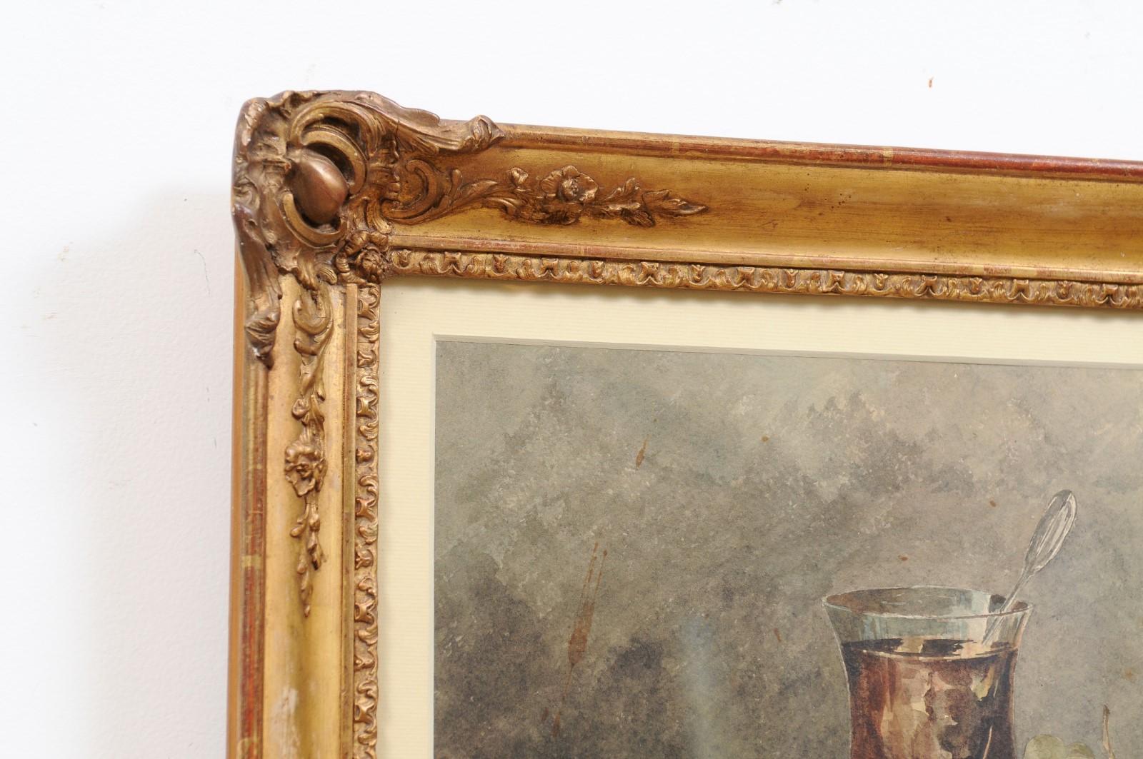 French Framed Still-Life Watercolor Signed Jacques Redelsperger, circa 1887 For Sale 3