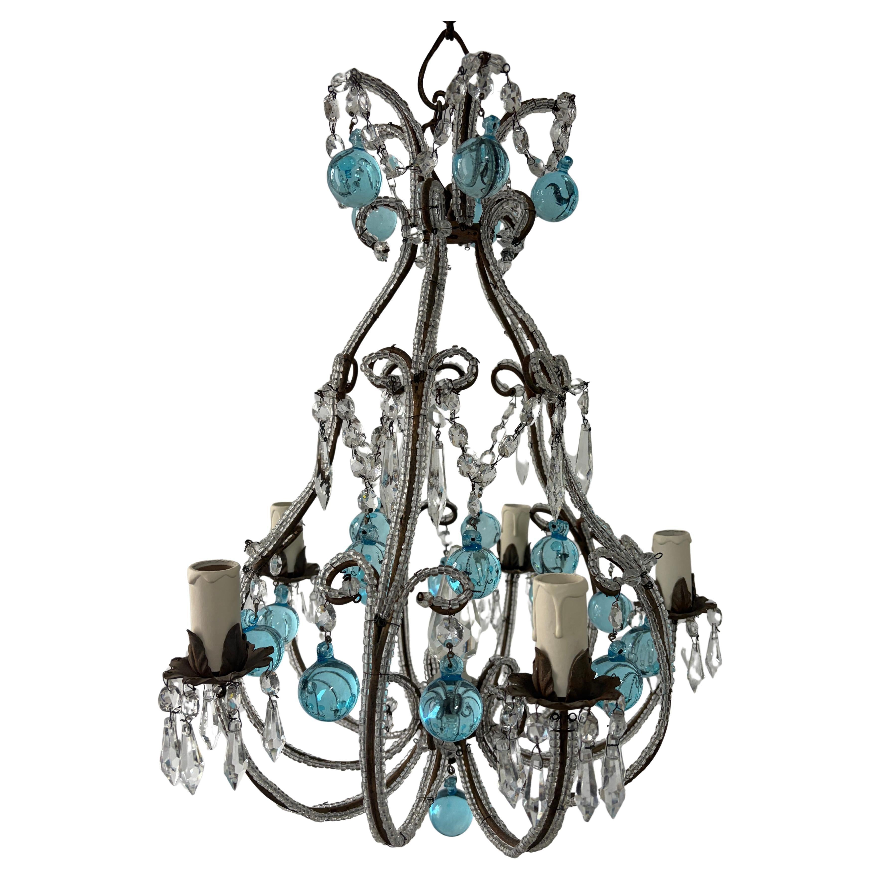 Lustre français en perles de Murano bleu aqua avec des guirlandes et des lances, circa 1900 en vente