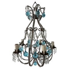 Lampadario francese a sfere di Murano blu acqua con perline e lancia, circa 1900