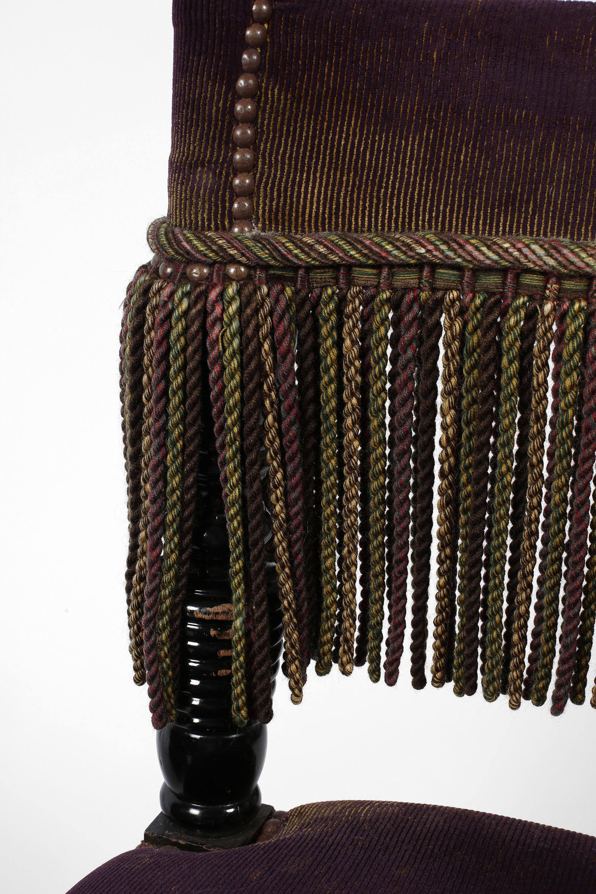 French Fringed Plum Red Velvet Black Lacquered Occasional Chairs For Sale 11