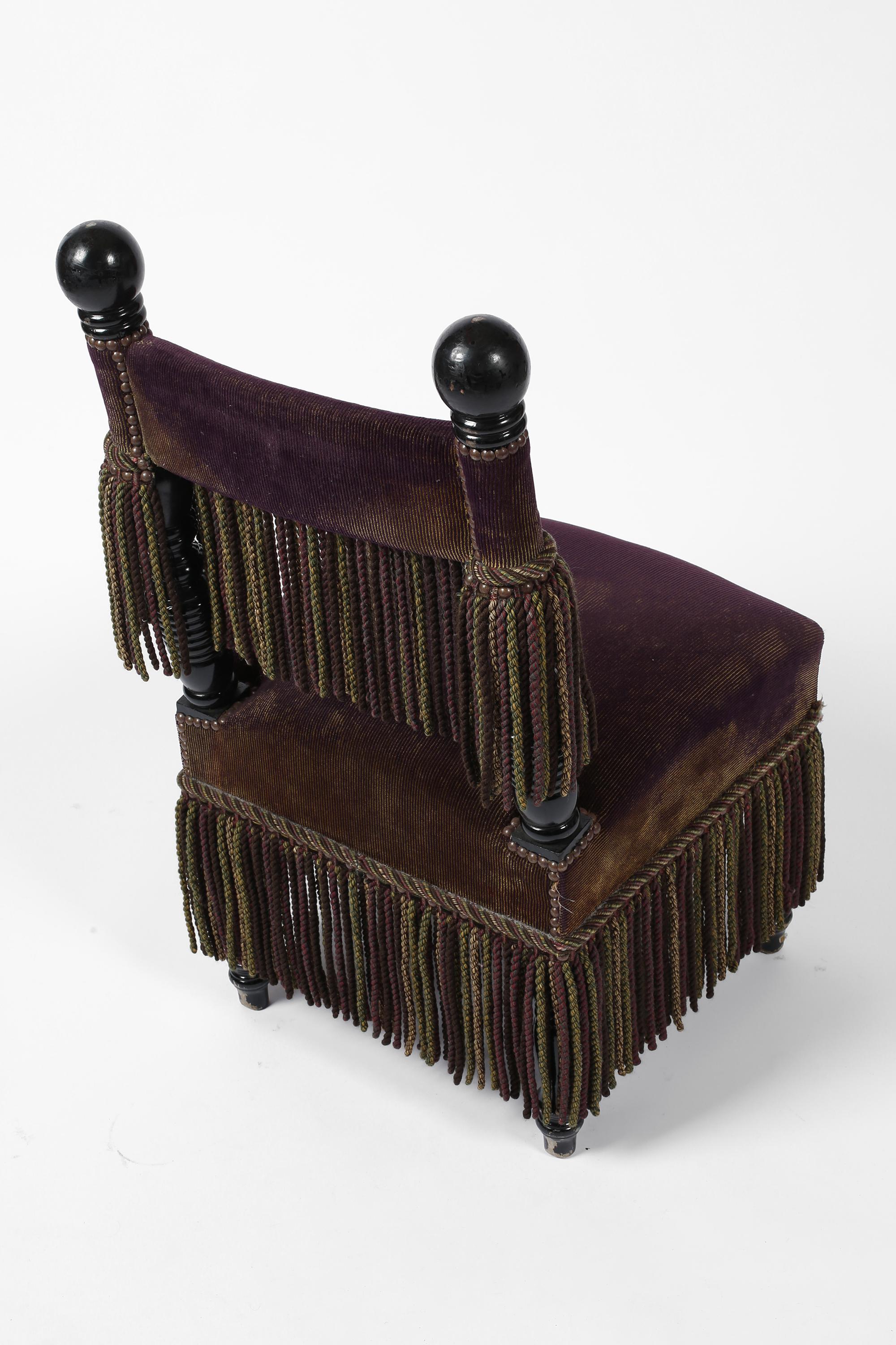 French Fringed Plum Red Velvet Black Lacquered Occasional Chairs For Sale 13