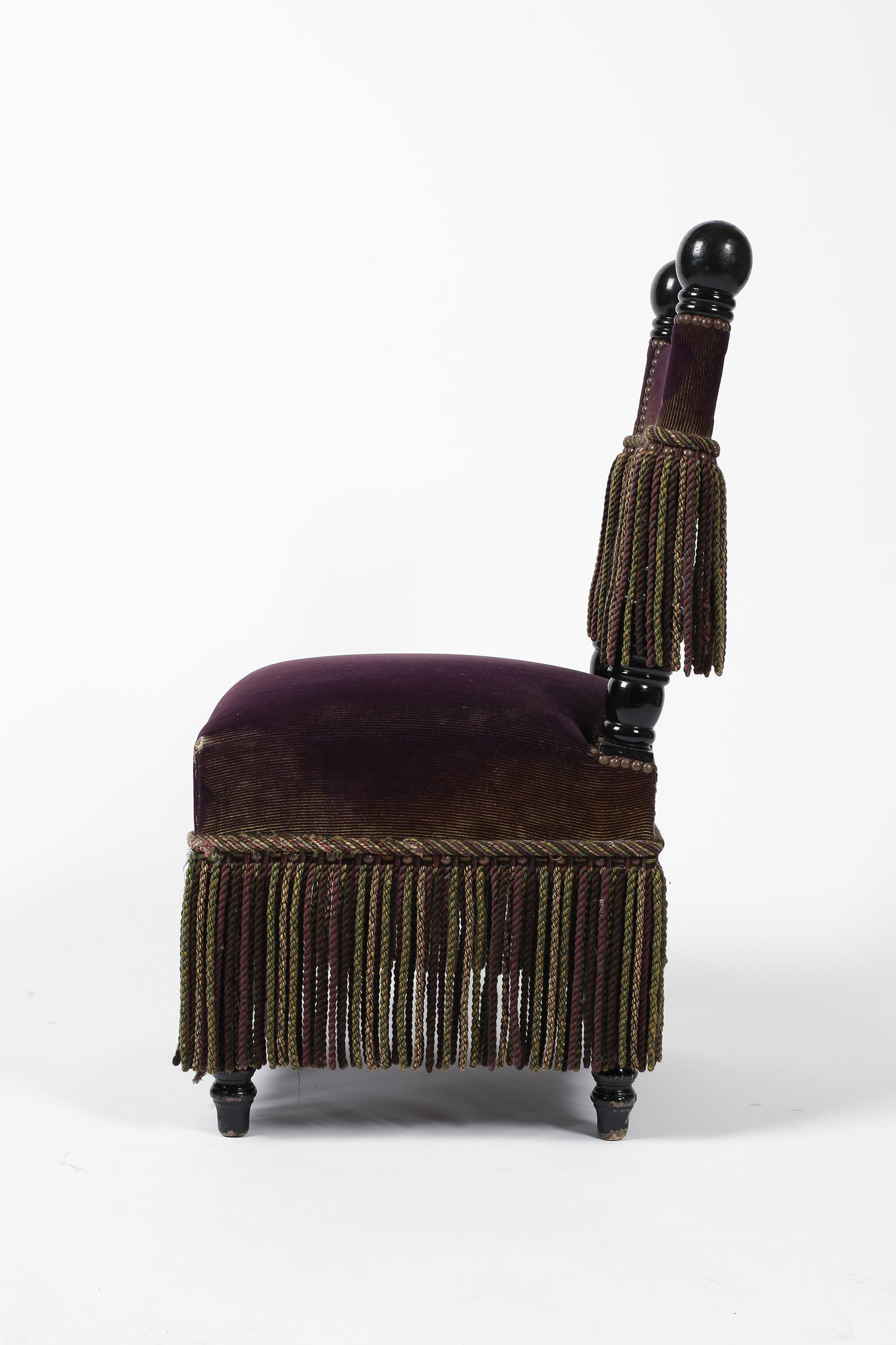 French Fringed Plum Red Velvet Black Lacquered Occasional Chairs For Sale 15
