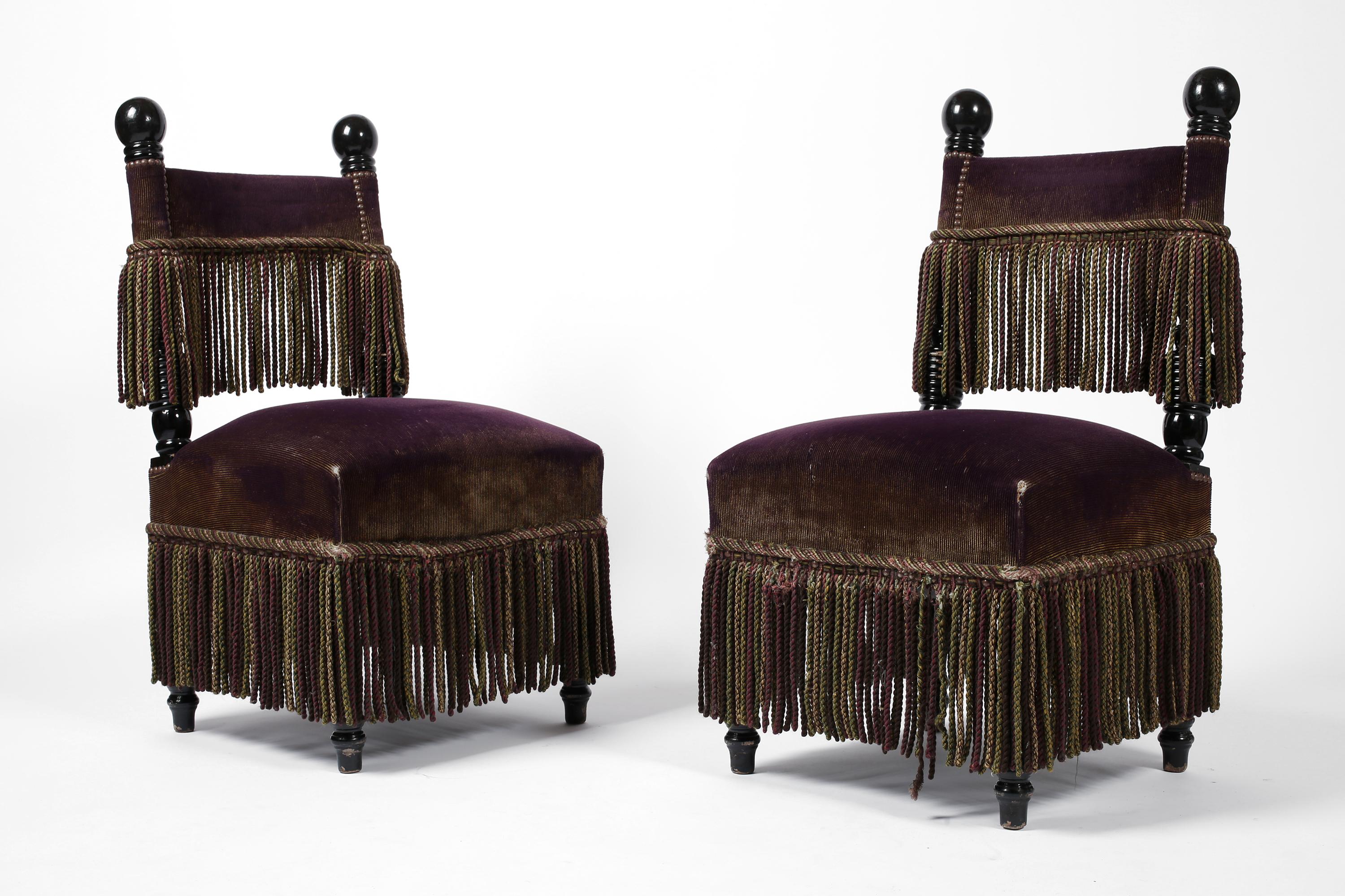 French Fringed Plum Red Velvet Black Lacquered Occasional Chairs In Fair Condition For Sale In London, GB
