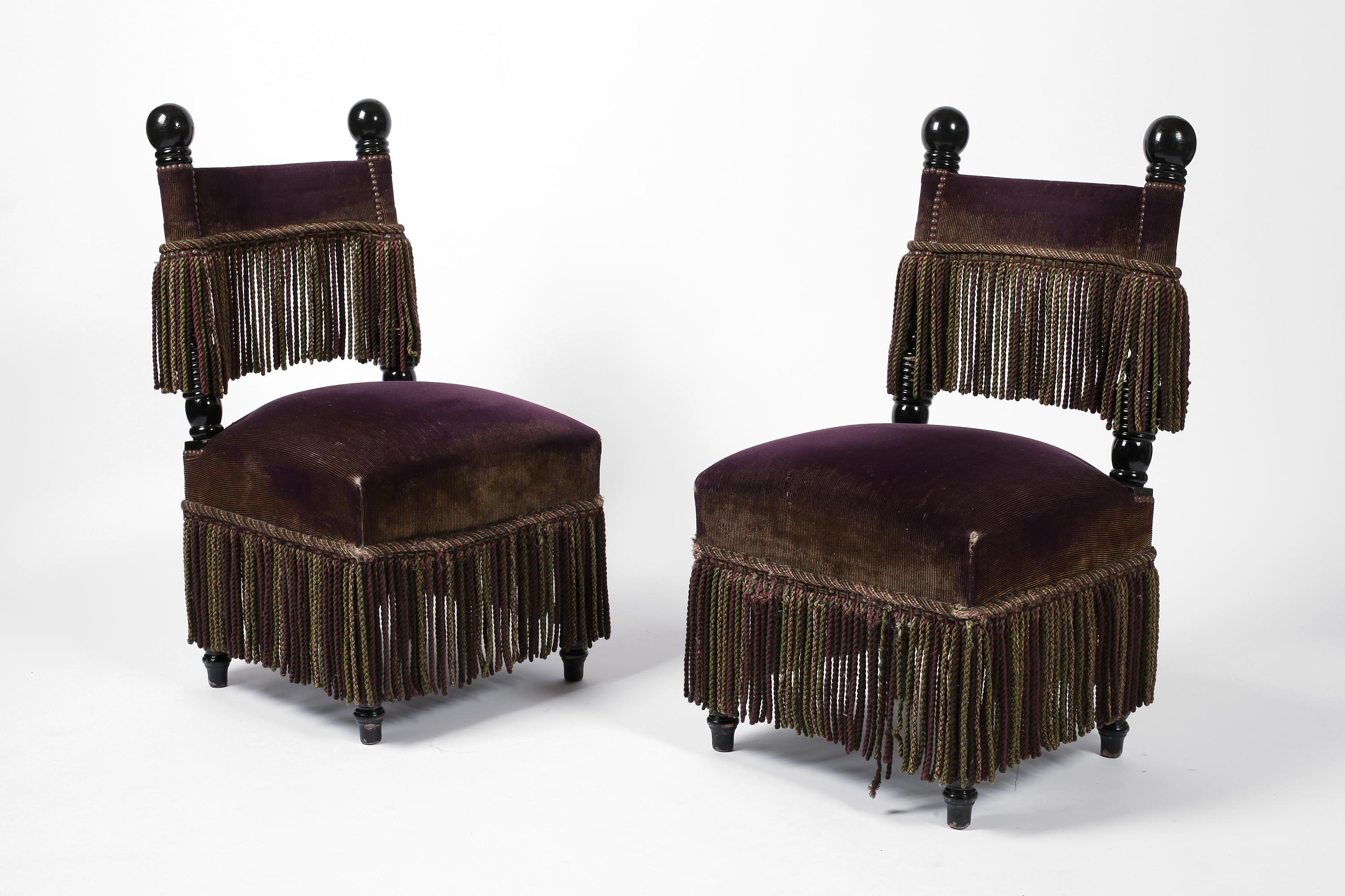 20th Century French Fringed Plum Red Velvet Black Lacquered Occasional Chairs For Sale