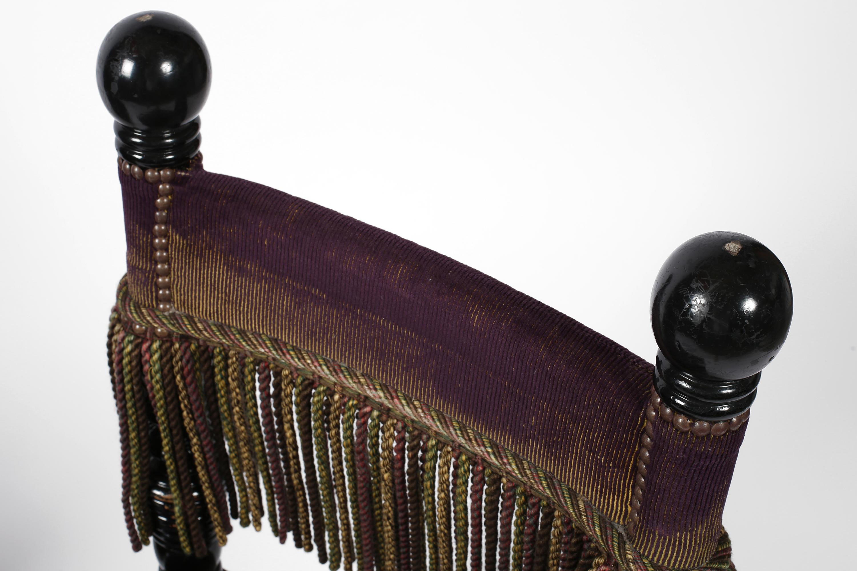 French Fringed Plum Red Velvet Black Lacquered Occasional Chairs For Sale 2