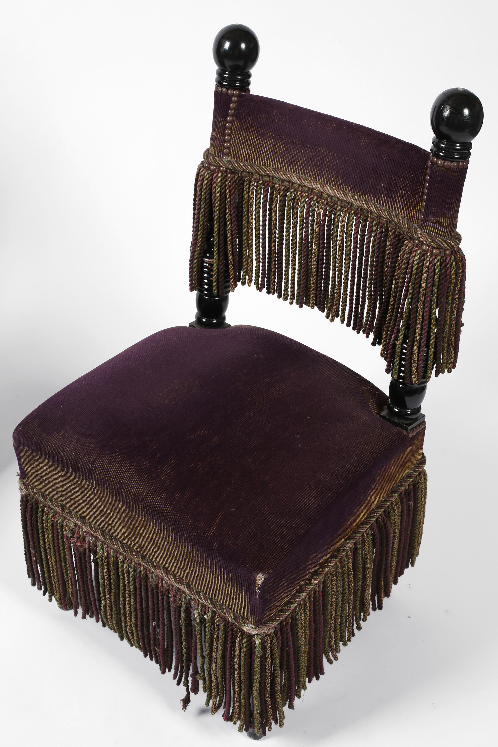 French Fringed Plum Red Velvet Black Lacquered Occasional Chairs For Sale 3