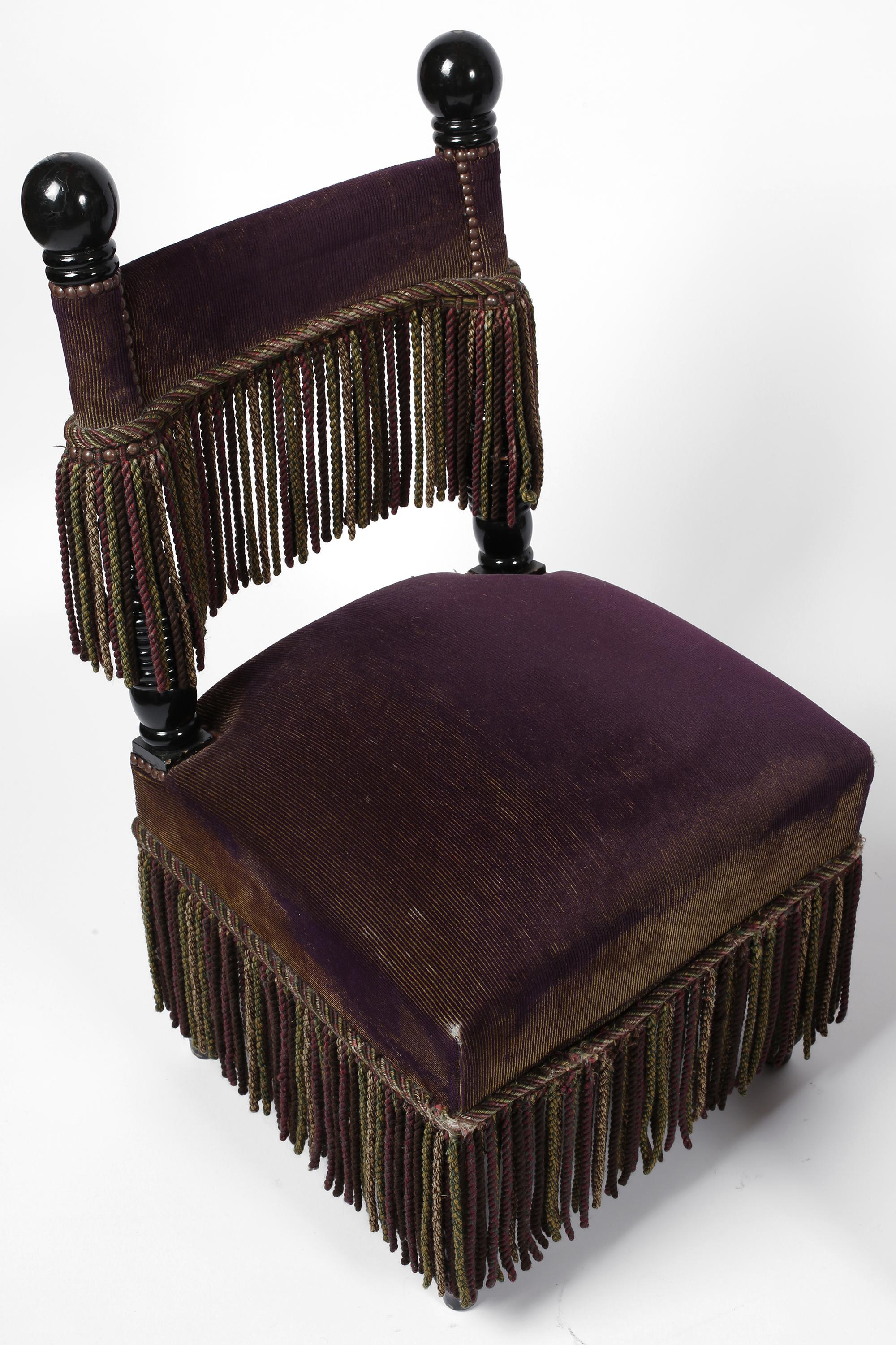 French Fringed Plum Red Velvet Black Lacquered Occasional Chairs For Sale 4