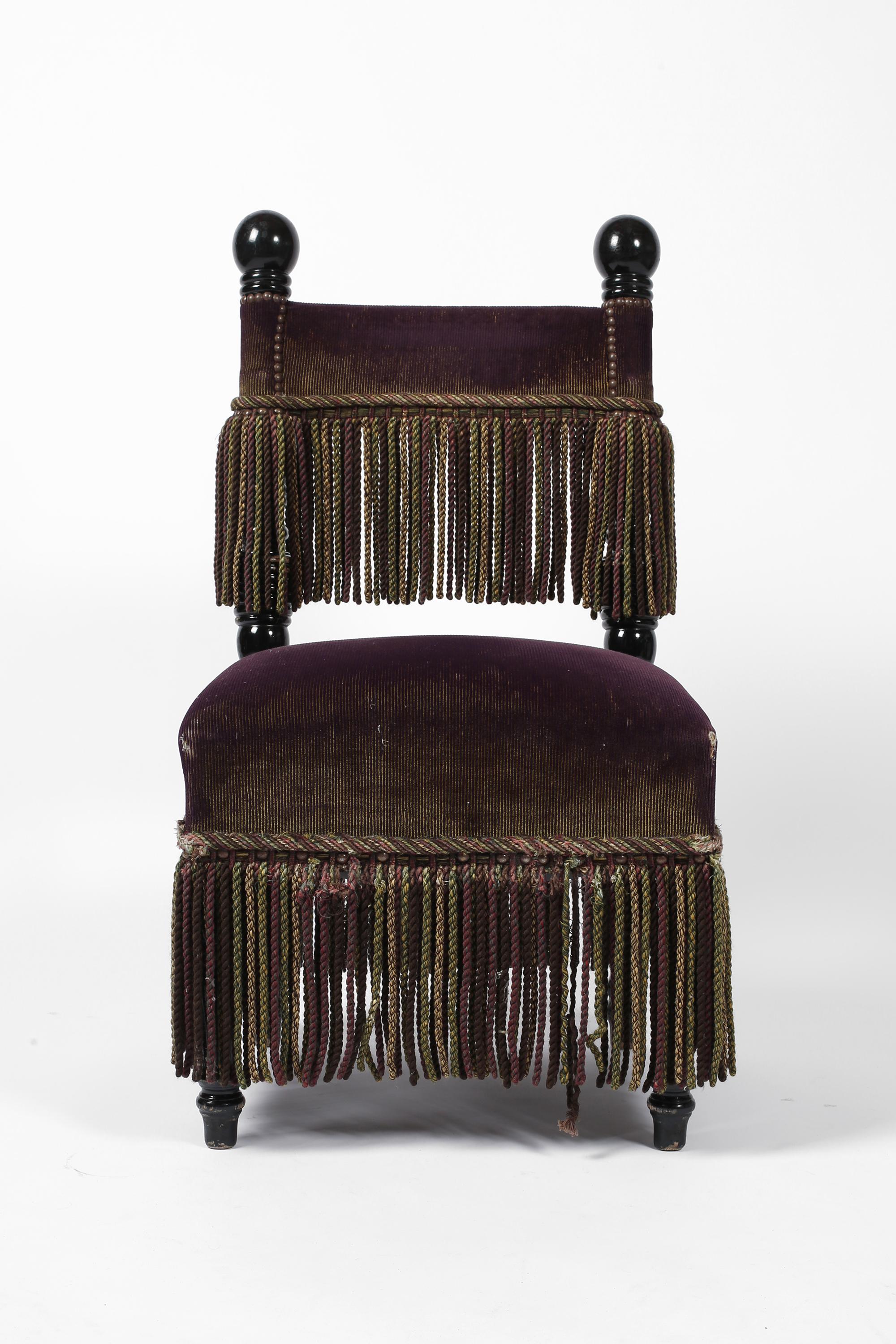 French Fringed Plum Red Velvet Black Lacquered Occasional Chairs For Sale 5