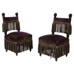 French Fringed Plum Red Velvet Black Lacquered Occasional Chairs