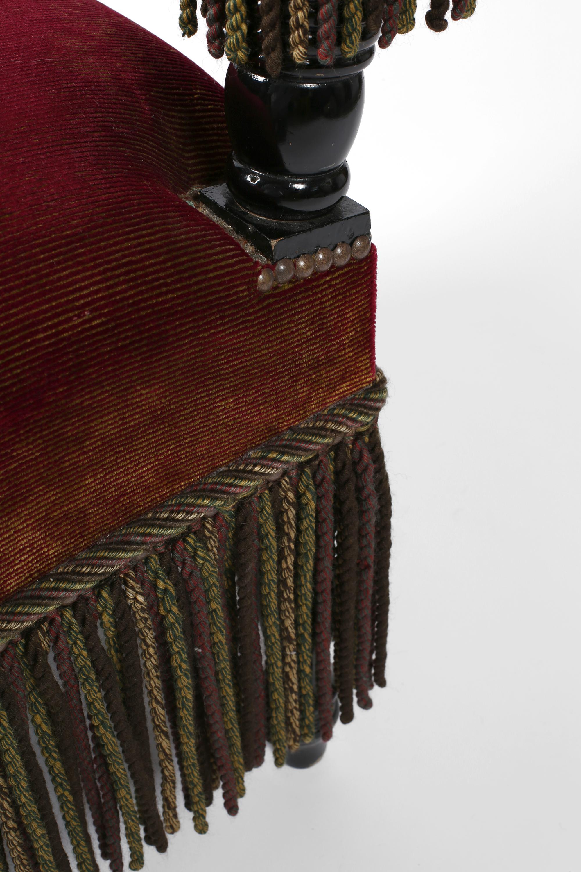 French Fringed Ruby Red Velvet Black Lacquered Occasional Chairs For Sale 9