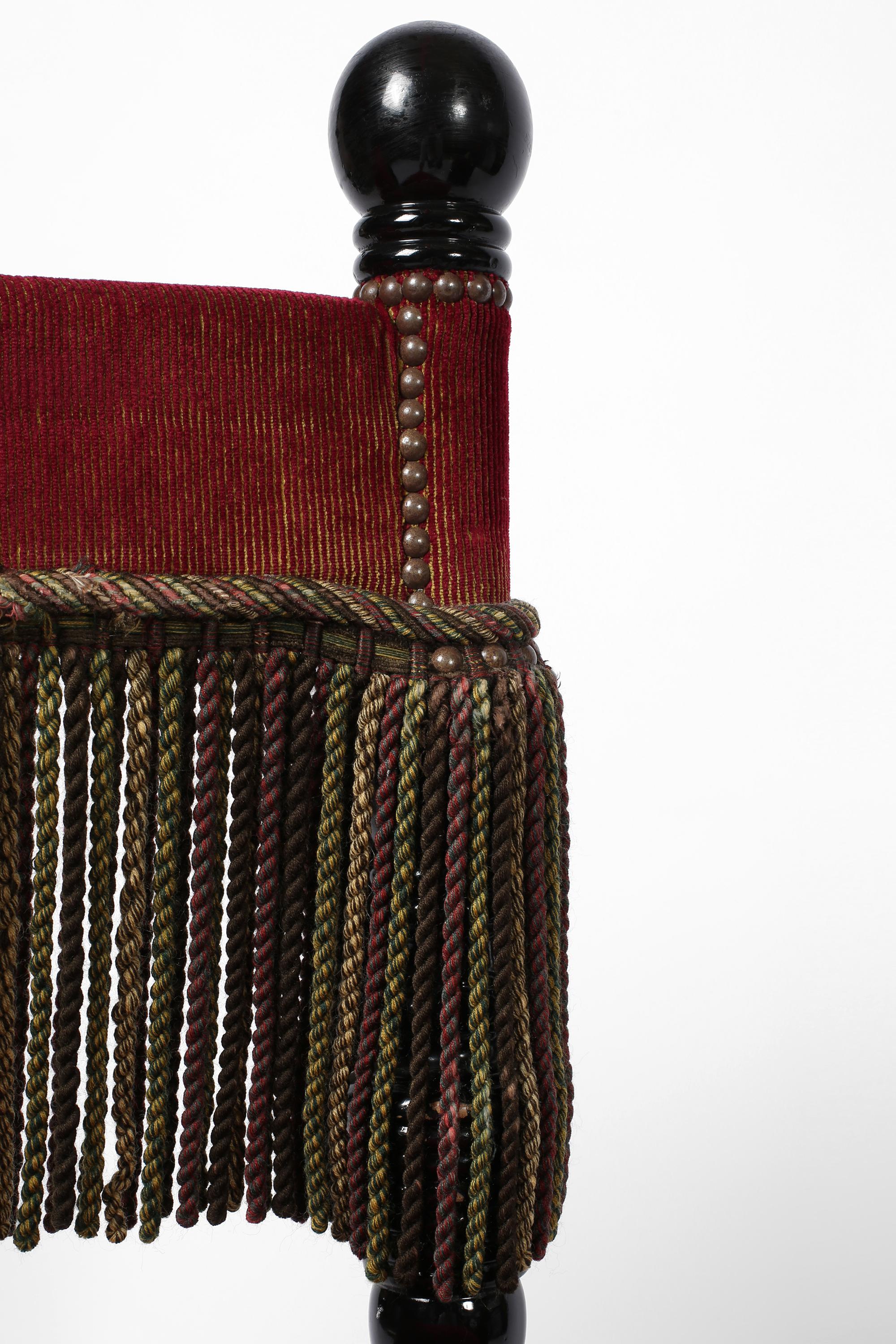 French Fringed Ruby Red Velvet Black Lacquered Occasional Chairs For Sale 11