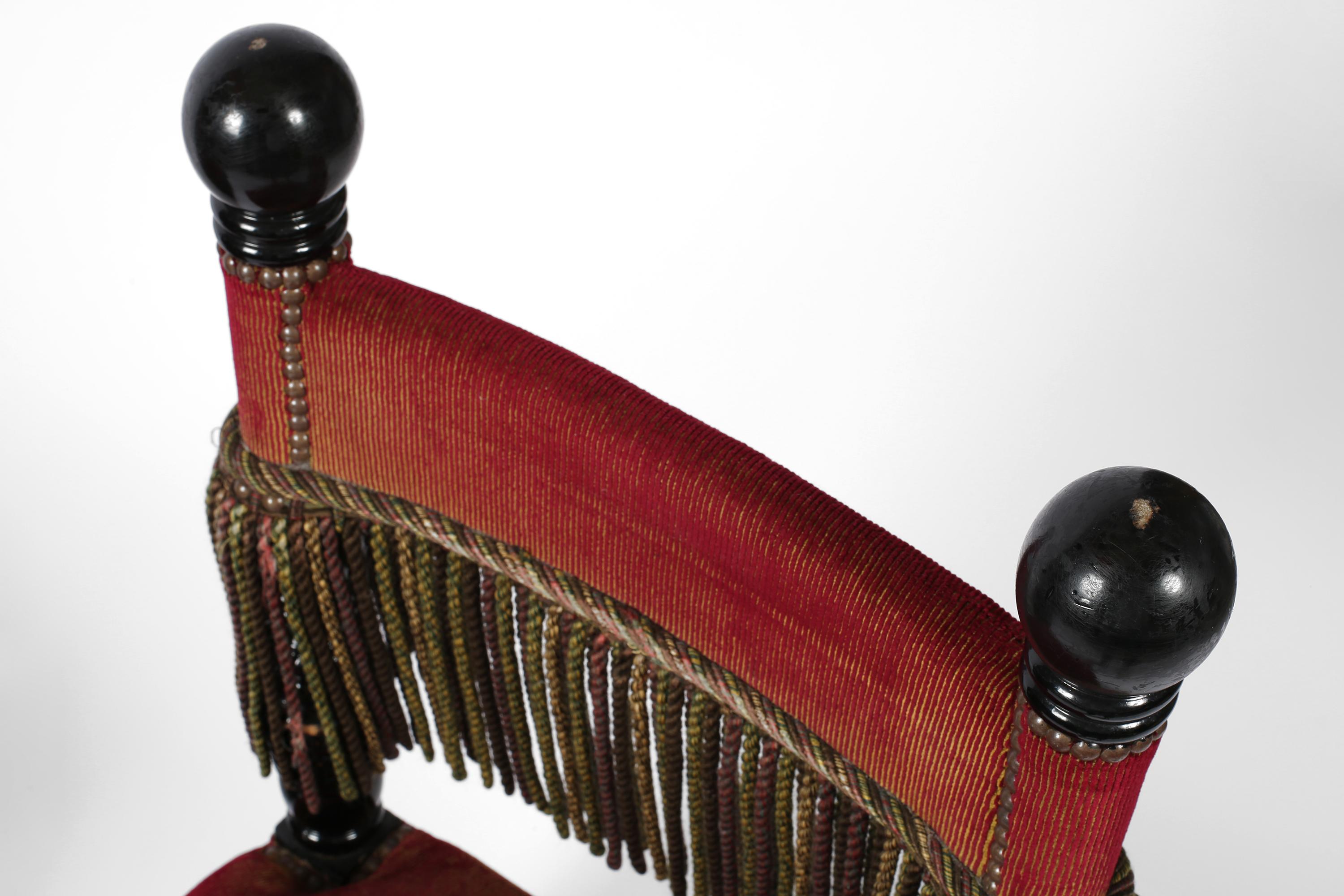 French Fringed Ruby Red Velvet Black Lacquered Occasional Chairs For Sale 13