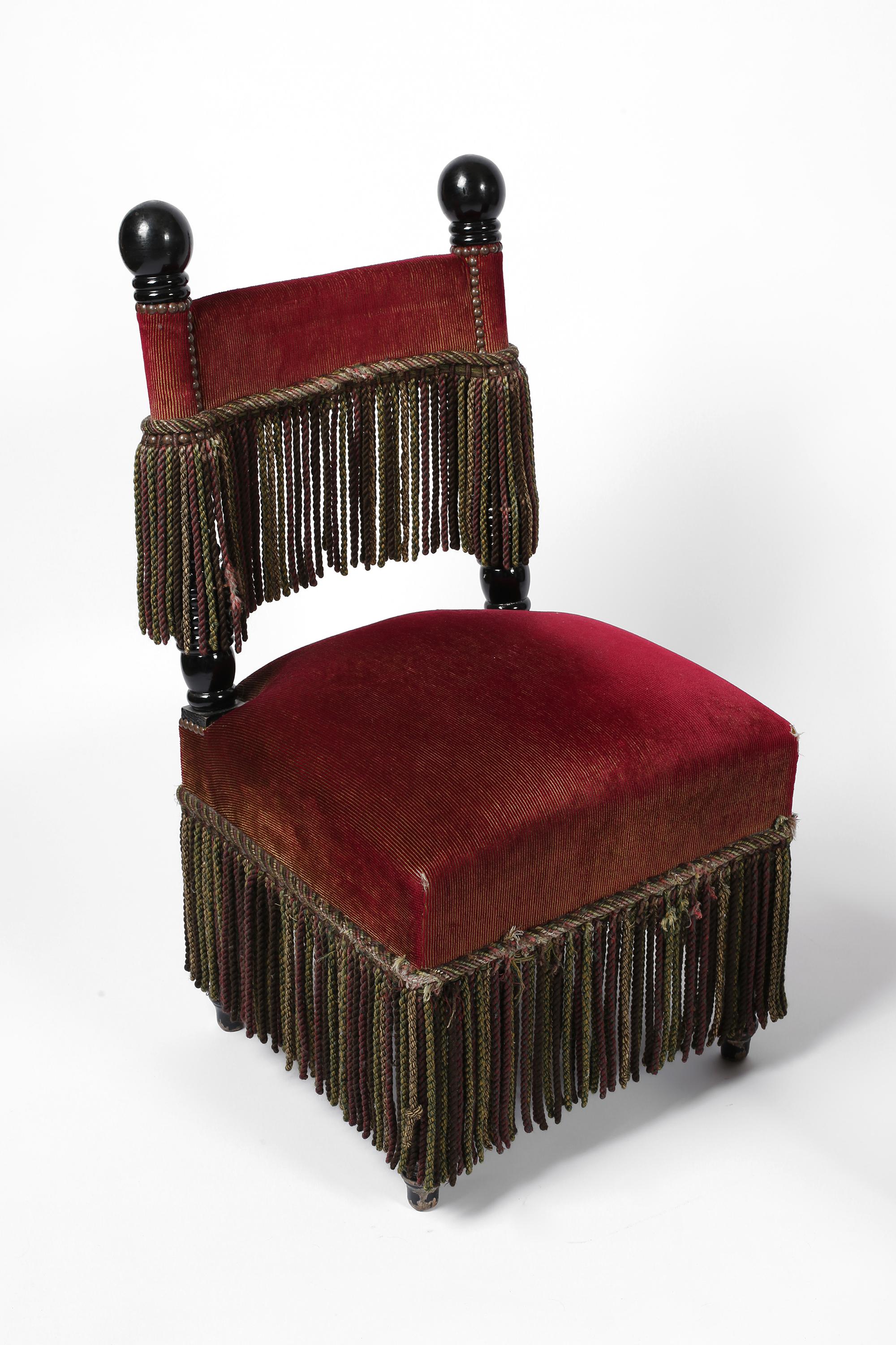 French Fringed Ruby Red Velvet Black Lacquered Occasional Chairs In Fair Condition For Sale In London, GB